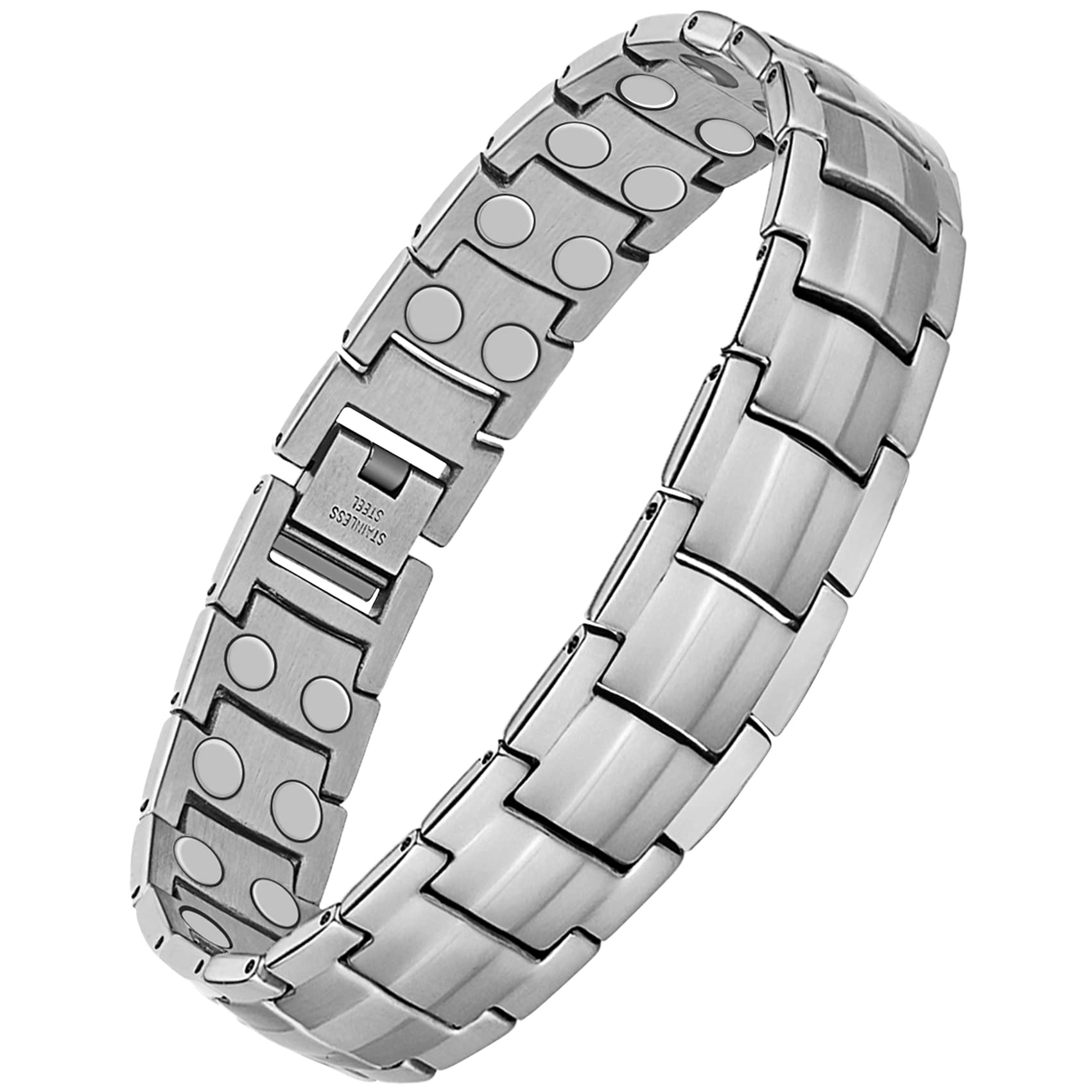 Feraco Magnetic Bracelet for Men Titanium Steel Magnetic Bracelet for Men with Double Row Magnets Adjustable (Silver)