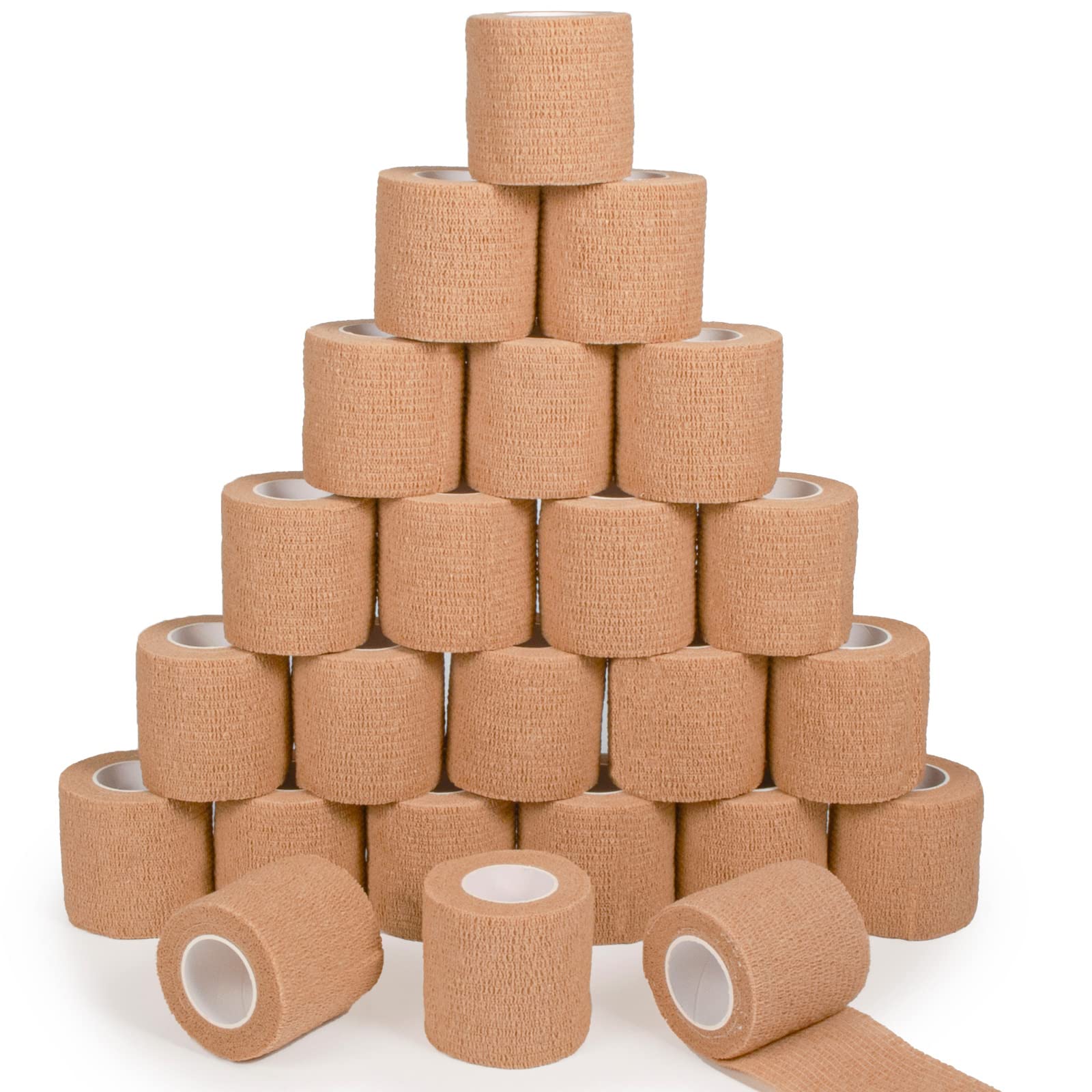 24 Pack Self Adherent Cohesive Bandage Wrap, 2    x 5 Yards Stretch Non Woven Self Adhesive Tape - Skin Colour Athletic Elastic 