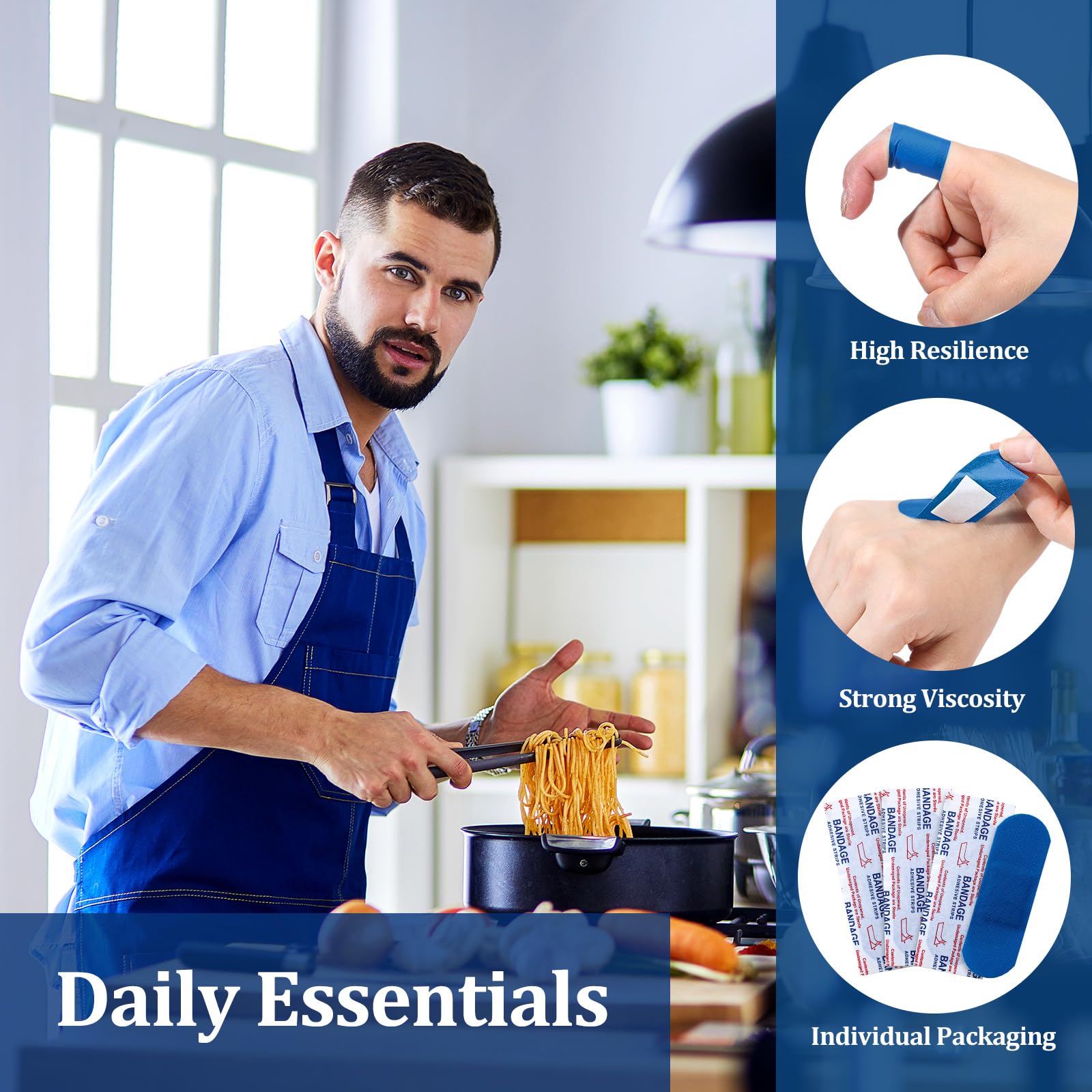Geiserailie 120 Pcs Food Service Blue Detectable Bandage Woven Fingertip Waterproof Flexible Bandages Non-Stick Pad Latex Free f