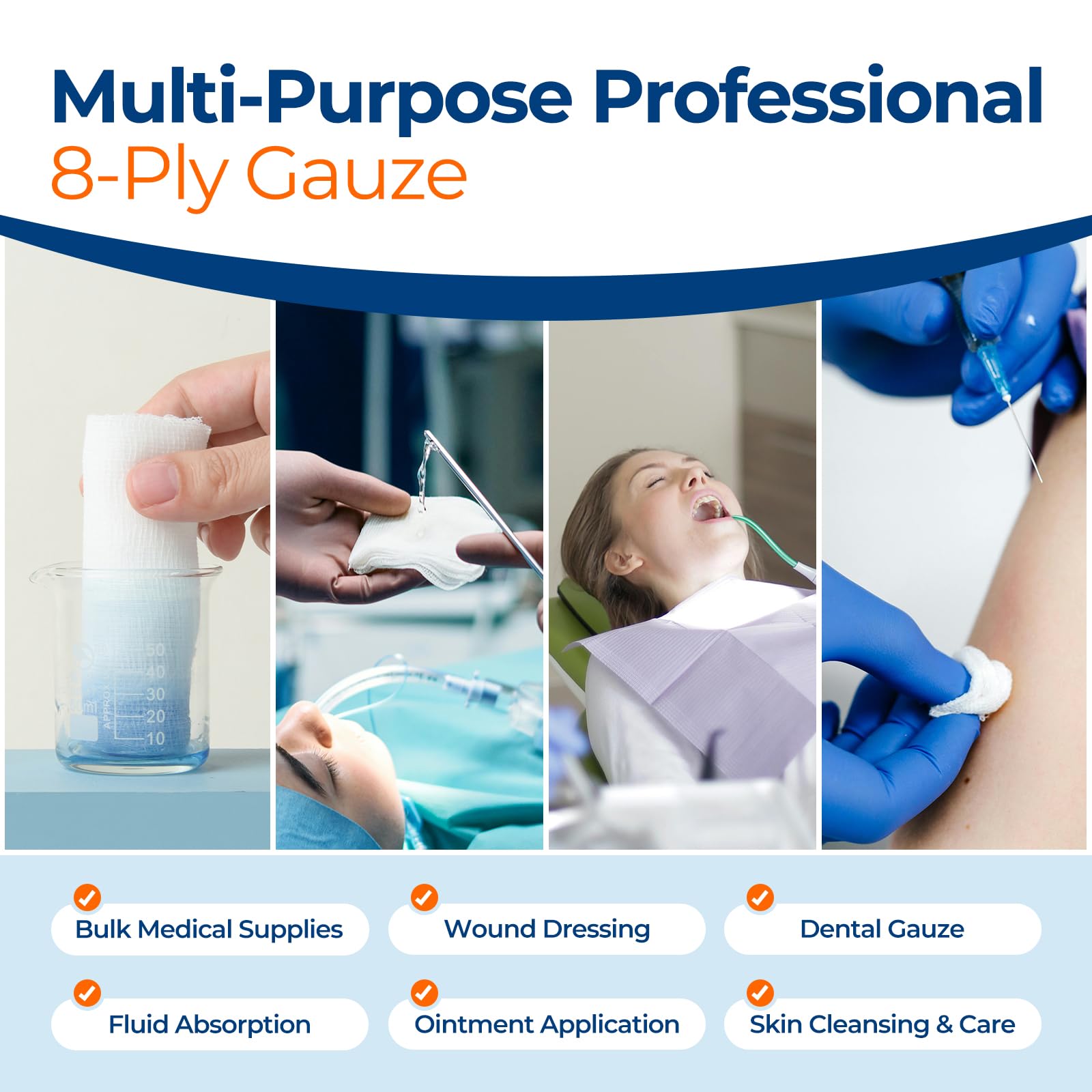200 Pack 4x4 Inch Gauze Sponges 8-Ply, 100% Cotton Large Gauze Pads for Wound Care, Highly Absorbent Bulk Hospital-Grade First A