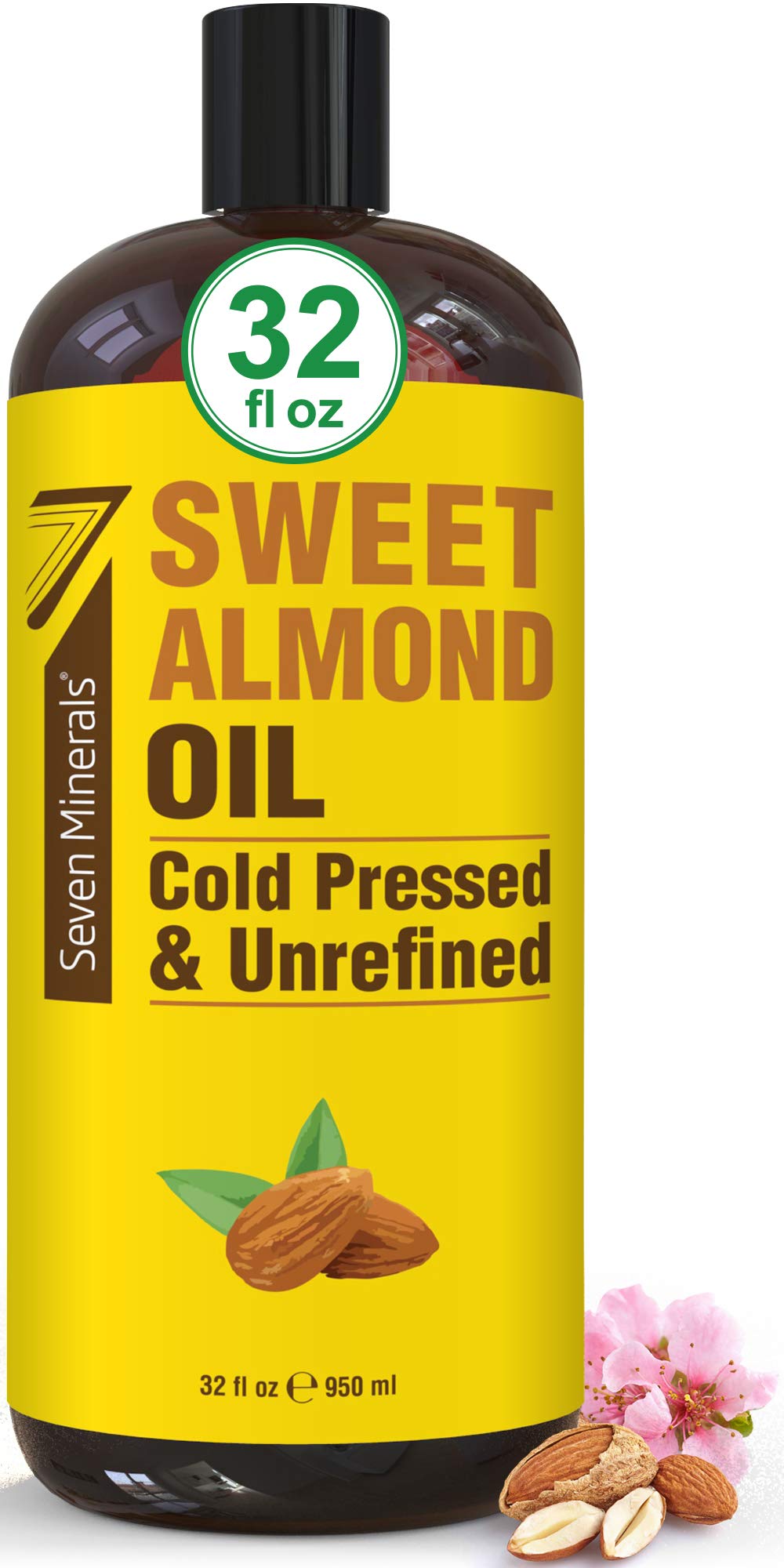 Seven Minerals, Pure Cold Pressed Sweet Almond Oil - Big 32 fl oz Bottle - Unrefined &100% Natural - For Skin & Hair, with No Ad