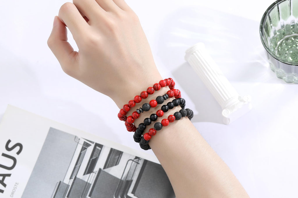 XIANNVXI Natural Stone Beads Bracelets for Men Red Black Beaded Bracelet for Men 4PC Mens Red Black 8mm Beaded Adjustable Stretc