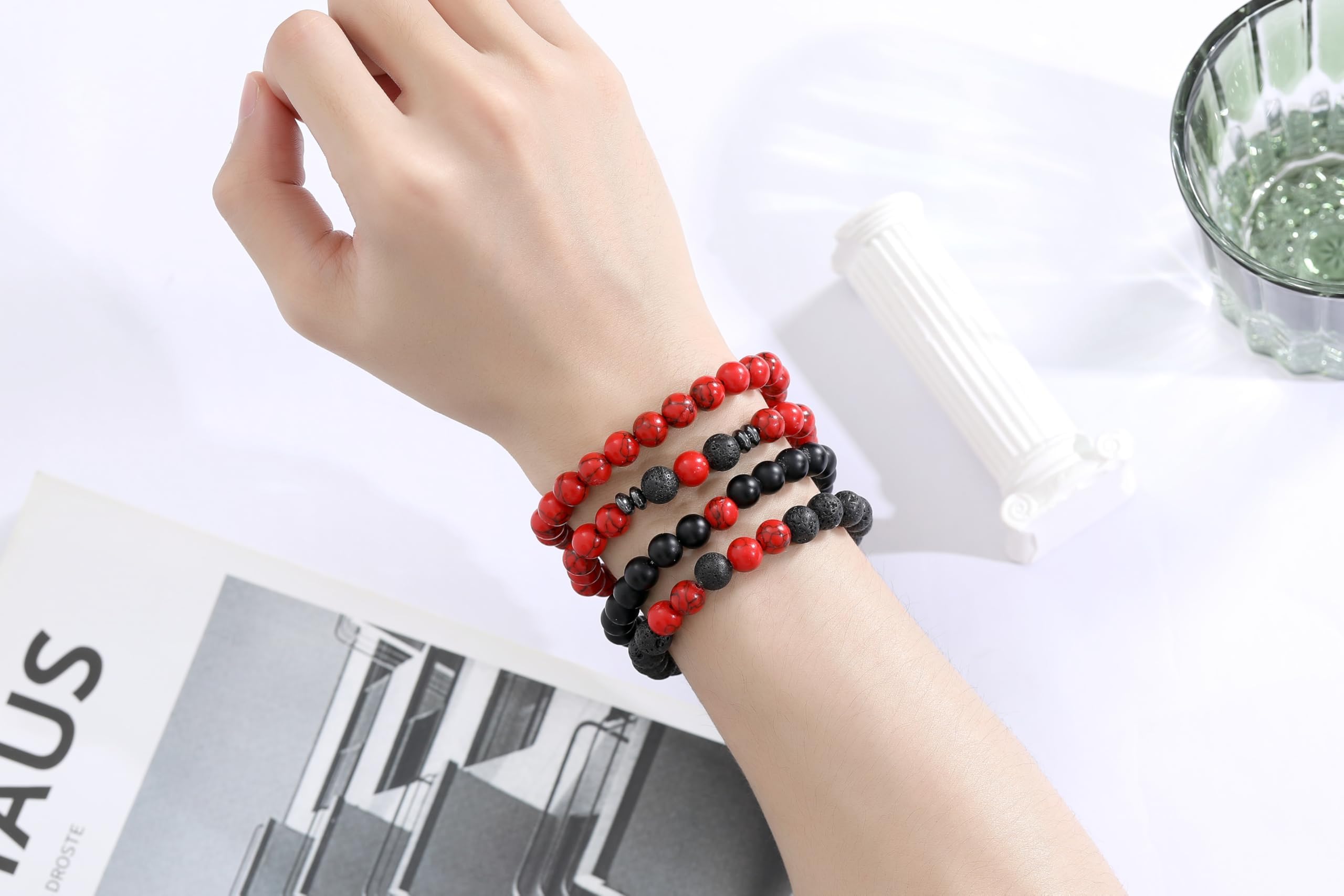 XIANNVXI Natural Stone Beads Bracelets for Men Red Black Beaded Bracelet for Men 4PC Mens Red Black 8mm Beaded Adjustable Stretc