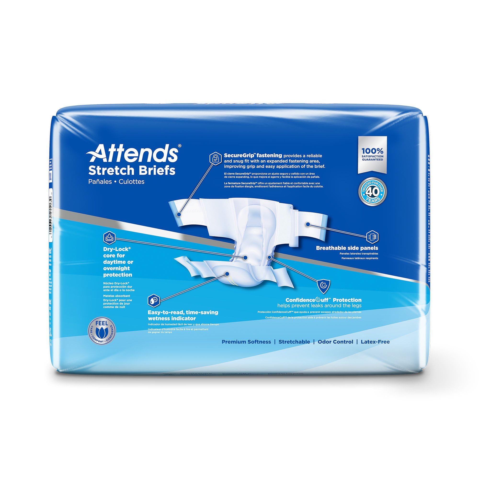 Attends Stretch Adult Disposable Briefs, Large/X-Large, 40-70 Waist with Tab Closure, Ultimate Absorbency with Dry-Lock Containm