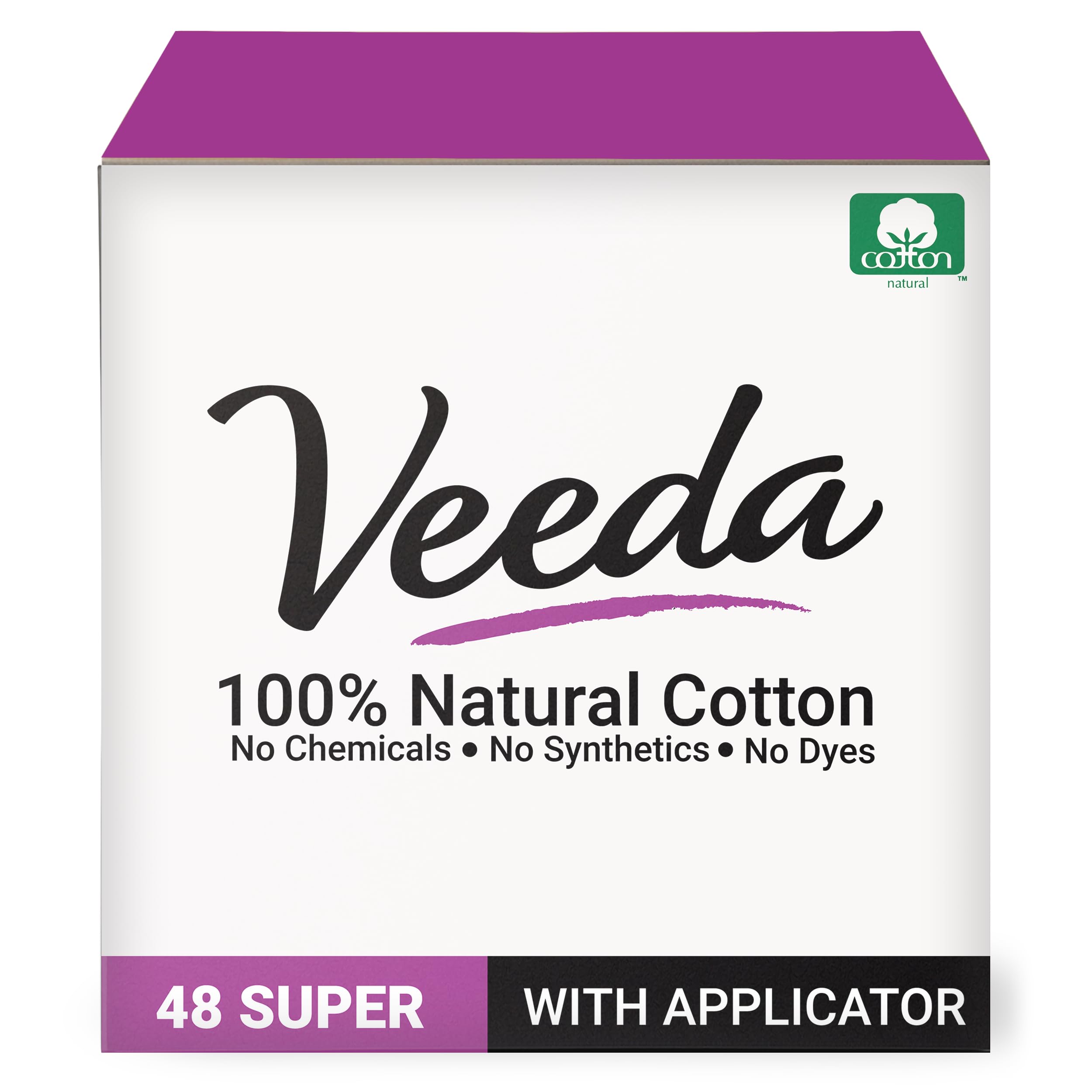 Veeda 100% Natural Cotton Non Toxic Tampons Super Absorbency, Leak Proof Protection - Compact BPA-Free Applicator - Unscented Or