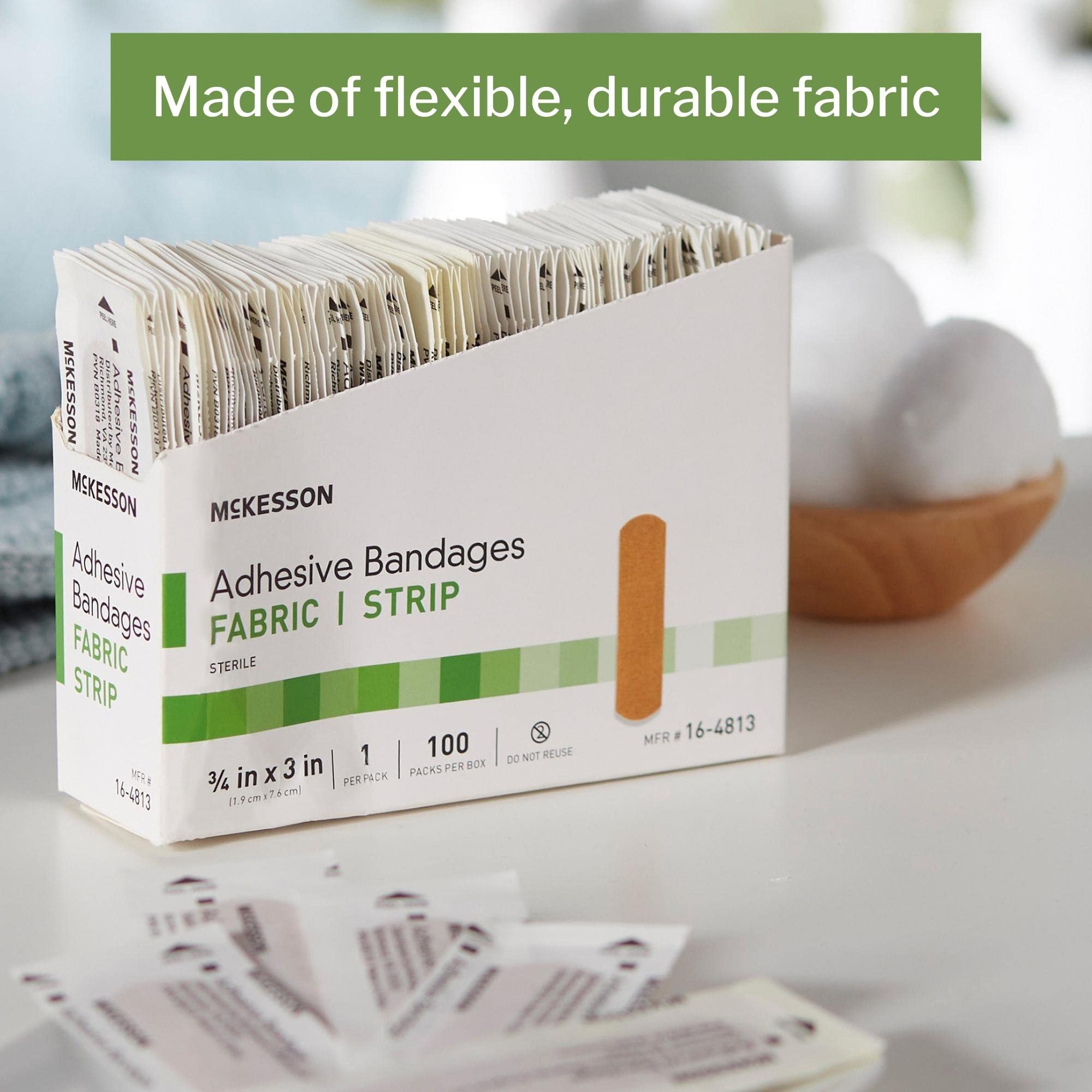 McKesson Adhesive Bandages, Sterile, Fabric Strip, 3/4 in x 3 in, 100 Count, 1 Pack
