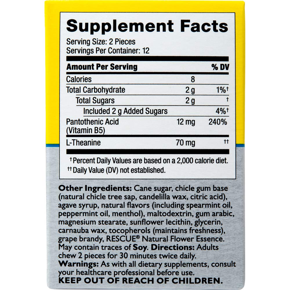 Bach RESCUE PLUS Gum, Natural Mint Flavor, Stress and Tension Relief, L-Theanine and Vitamin B5 Dietary Supplement, Biodegradabl