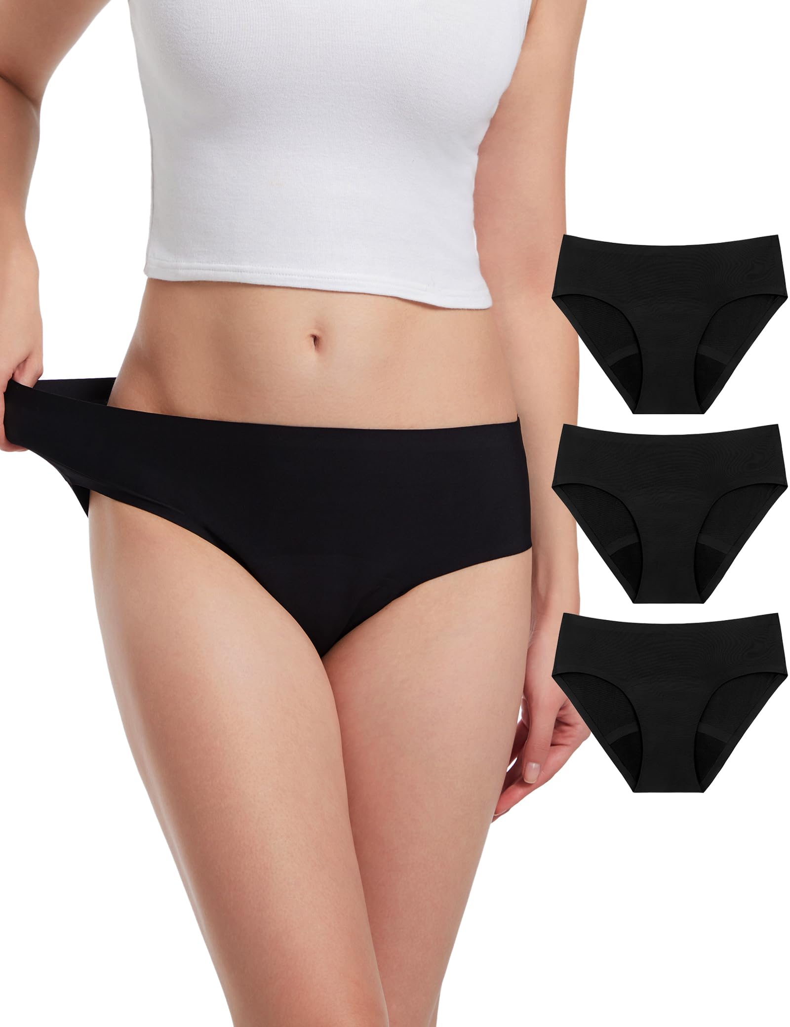 EcoPeriod Period Underwear for Women Heavy Flow Seamless LeakProof Menstrual Underwear No Show Period Panties(3 Pack, Black,S/M)