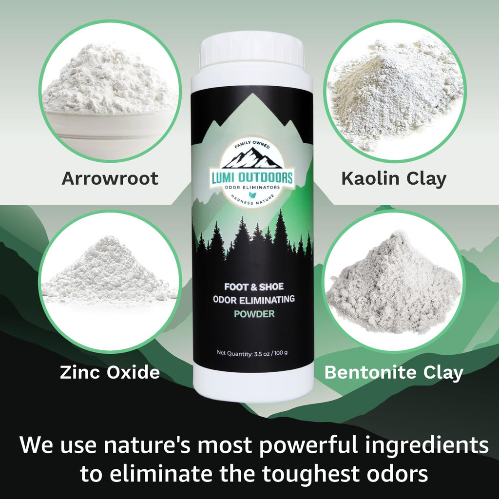 Lumi Outdoors Natural Shoe Deodorizer Spray and Foot Powder Bundle - Lemon Eucalyptus and Foot Powder