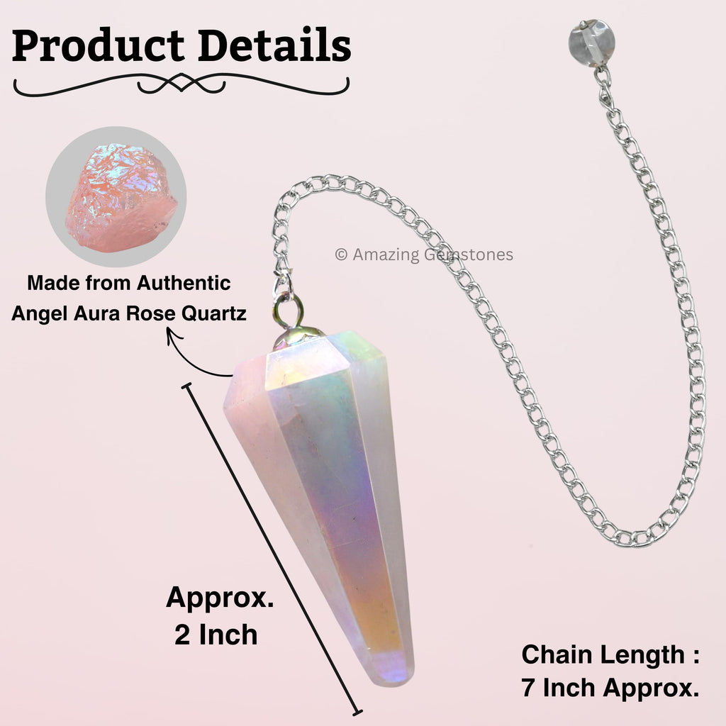 Angel Aura Rose Quartz Crystal Pendulum for Divination - Dowsing Pendulum Necklace with Chain and Crystal Ball for Reiki Healing