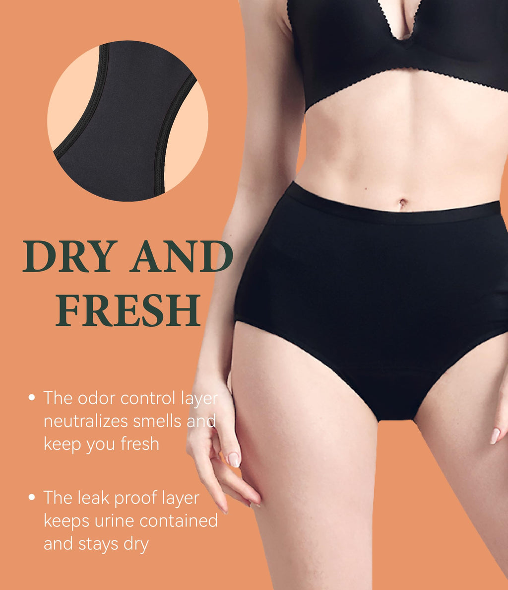 IRISMORII Urinary Incontinence Postpartum Underwear for Women Washable Leak Proof Odor Control 56ml Absorbency Brief 1 Pack (Bla