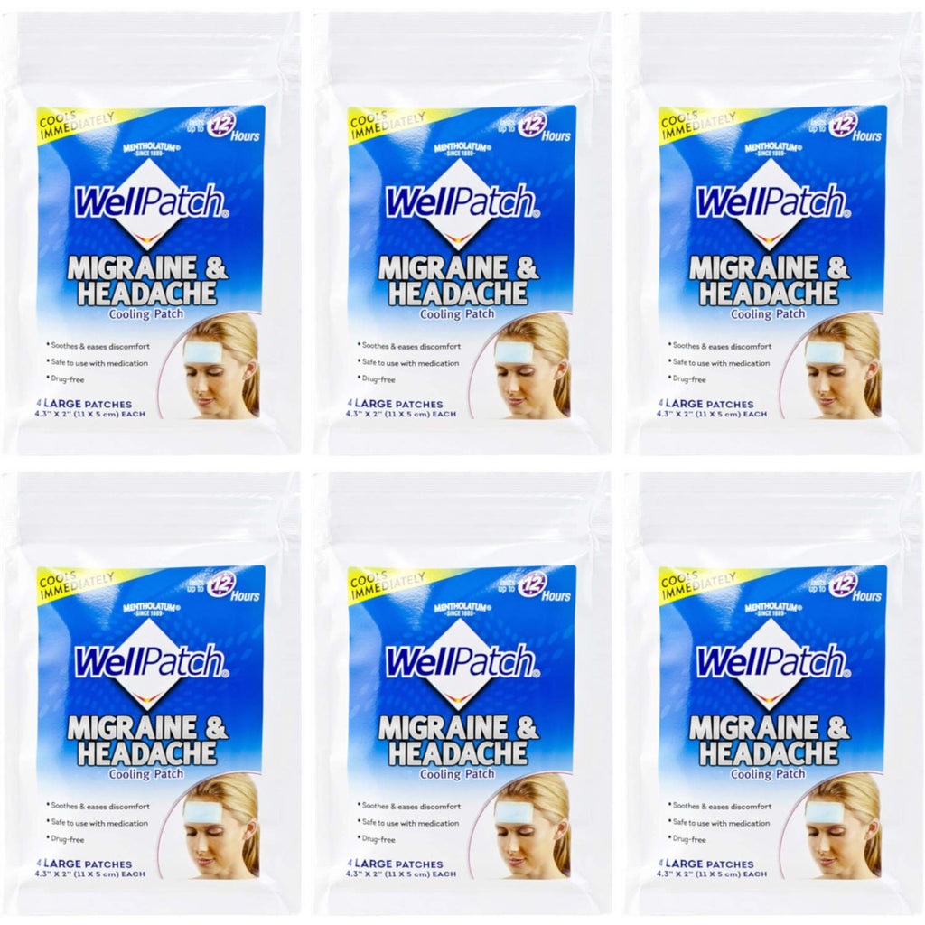 WellPatch Cooling Headache Pads, Migraine, 4 Large Patches- 4.3 x 2 Inch (Pack of 6)