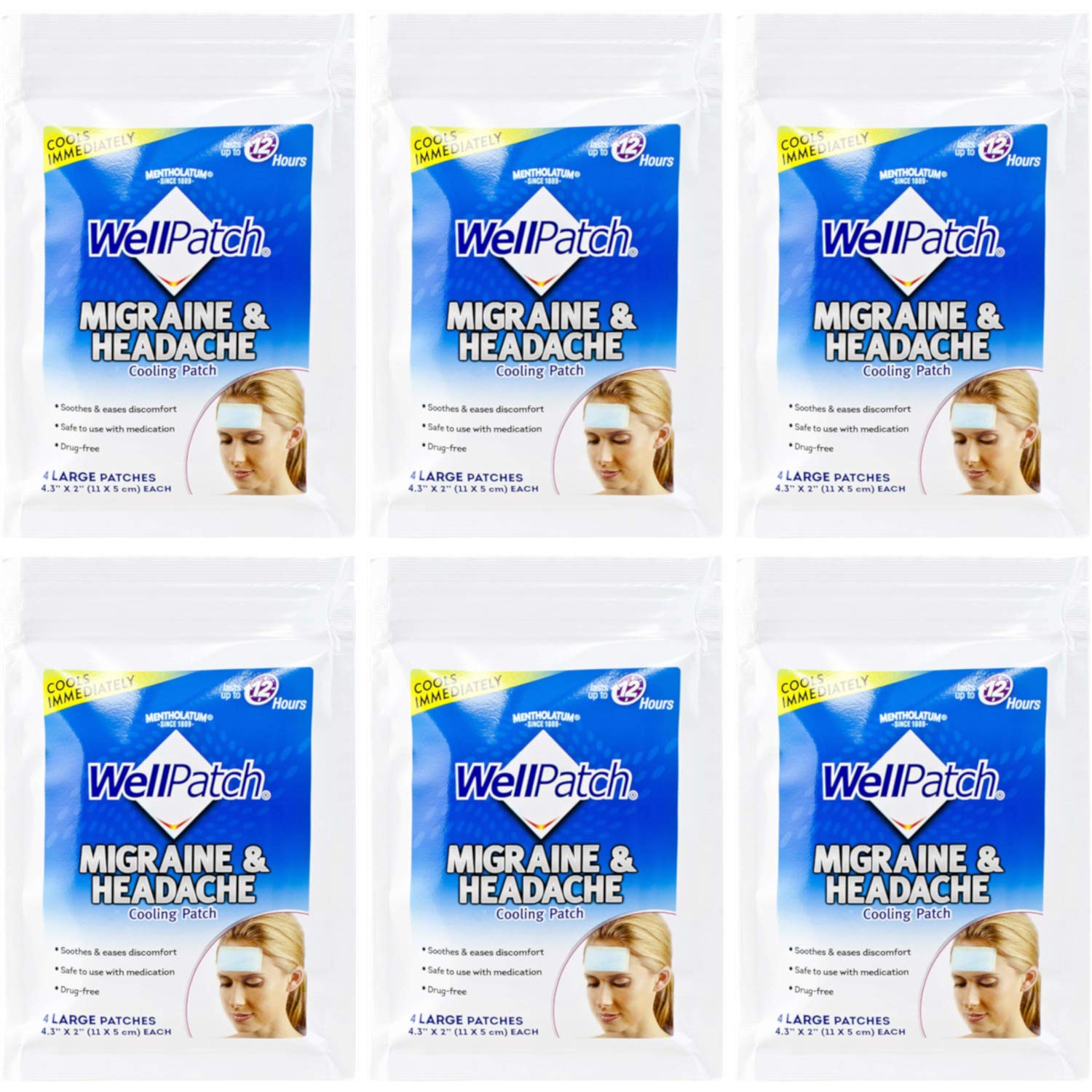 WellPatch Cooling Headache Pads, Migraine, 4 Large Patches- 4.3 x 2 Inch (Pack of 6)