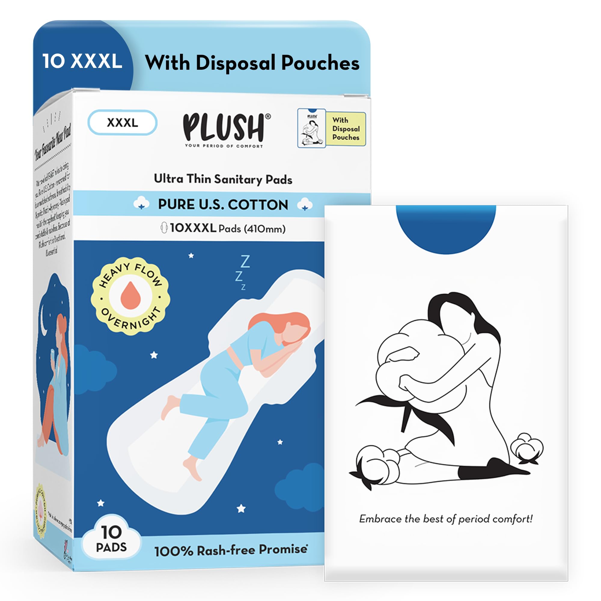 Plush UltraThin 10 Xxxl  410Mm All Night Sanitary Pads For Women | Super Absorbent, Heavy Flow & Rash Free | Pure U.S. Cotton 