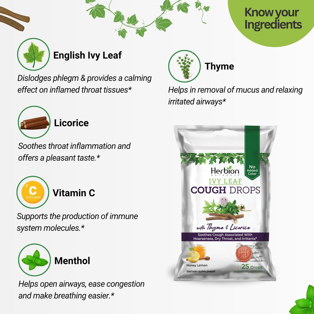 HERBION Naturals Ivy Leaf Cough Drops with Thyme & Licorice, Honey Lemon Flavor, Soothes Cough, for Adults & Children Over 6 Yea