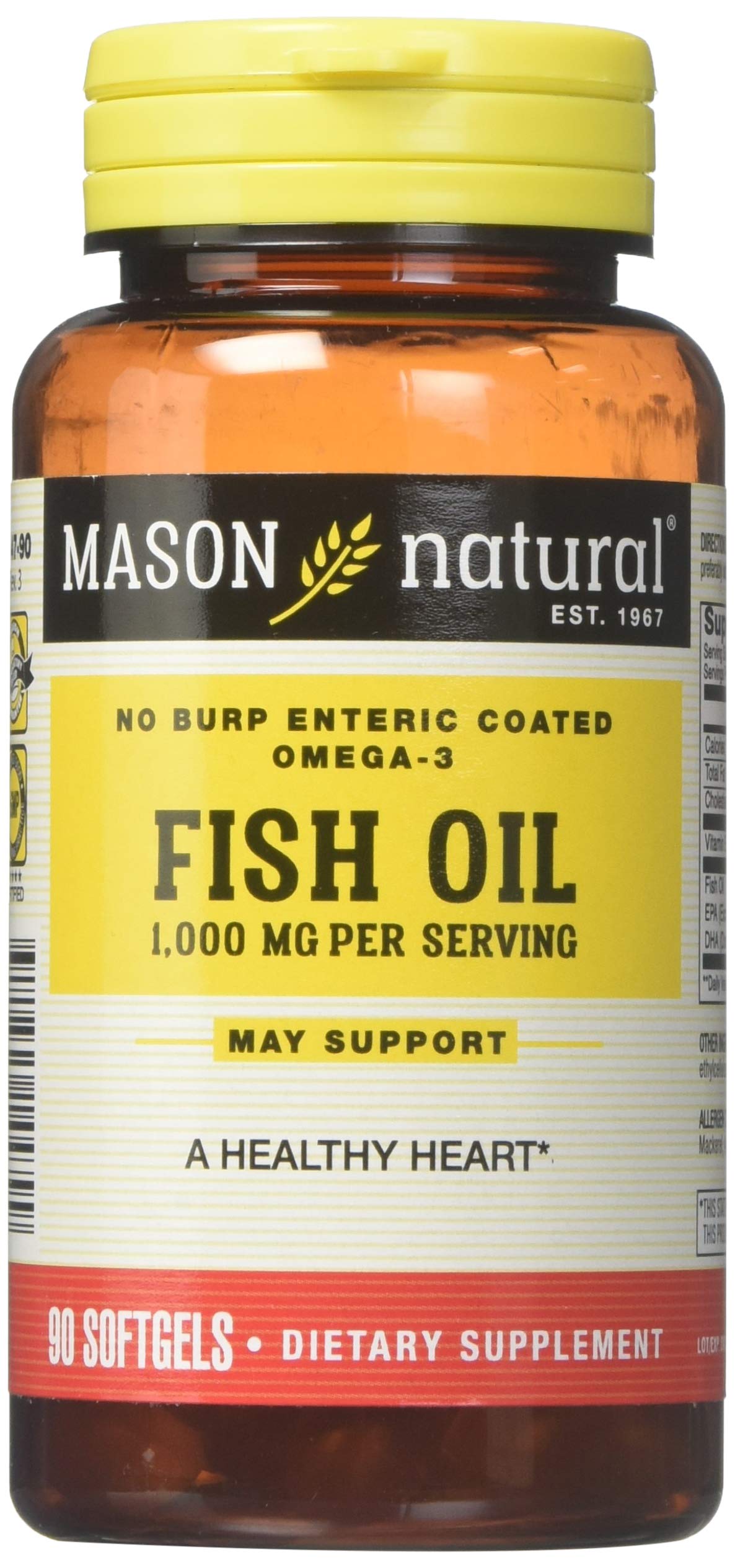 Fish Oil 1000 Mg No Burp Softgel, By Mason Vitamins - 90 Ea