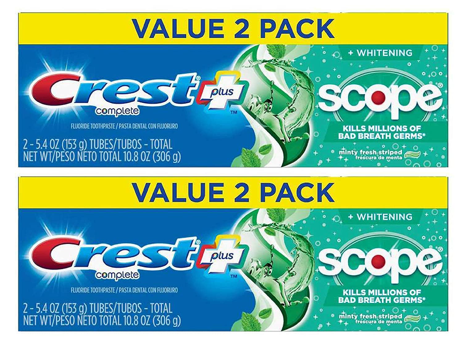 Crest Toothpaste Plus Scope | Value Pack 2 | Minty Fresh | 5.4 Ounce (Pack of 2)