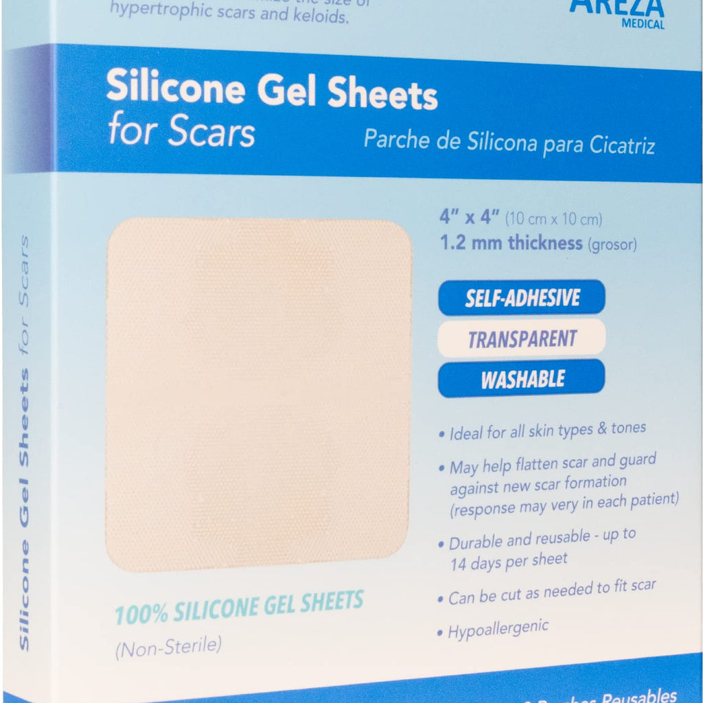 Silicone Gel Sheets for Scars 4'' x 4'' Three Sheets Per Box; by Areza Medical