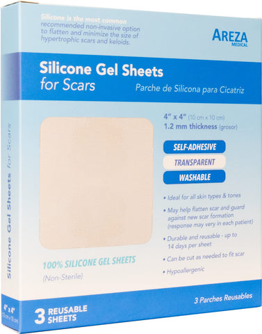 Silicone Gel Sheets for Scars 4'' x 4'' Three Sheets Per Box; by Areza Medical