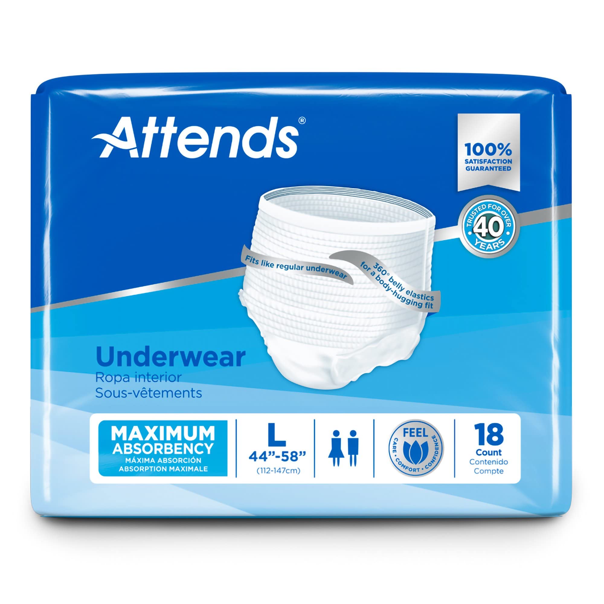 Attends Protective Underwear with DermaDry Technology for Adult Incontinence Care, Unisex, Large, White, 72 Count, Pack of 4
