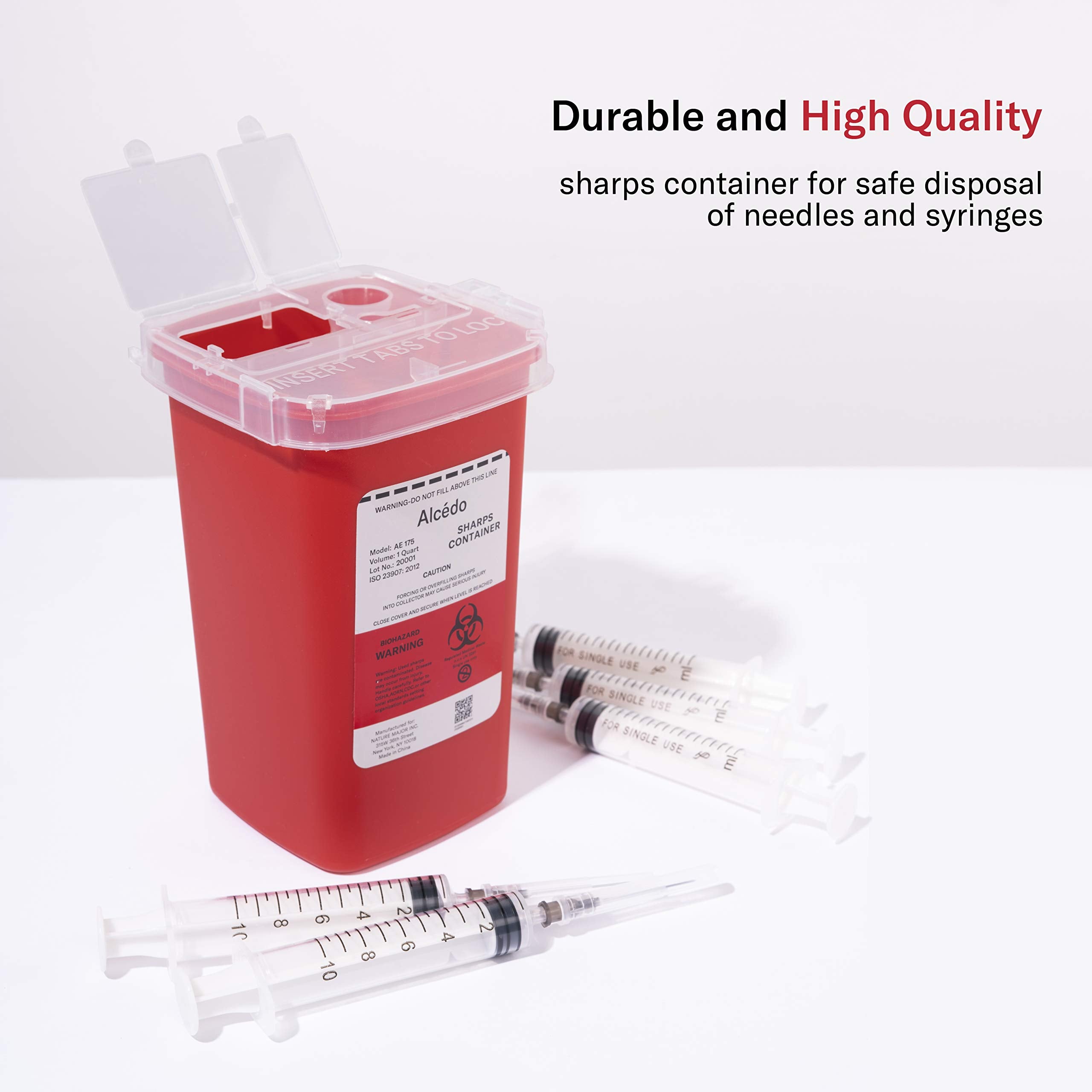 Alcedo Sharps Container for Home Use and Professional 1 Quart (3-Pack) | Biohazard Needle and Syringe Disposal | Small Portable