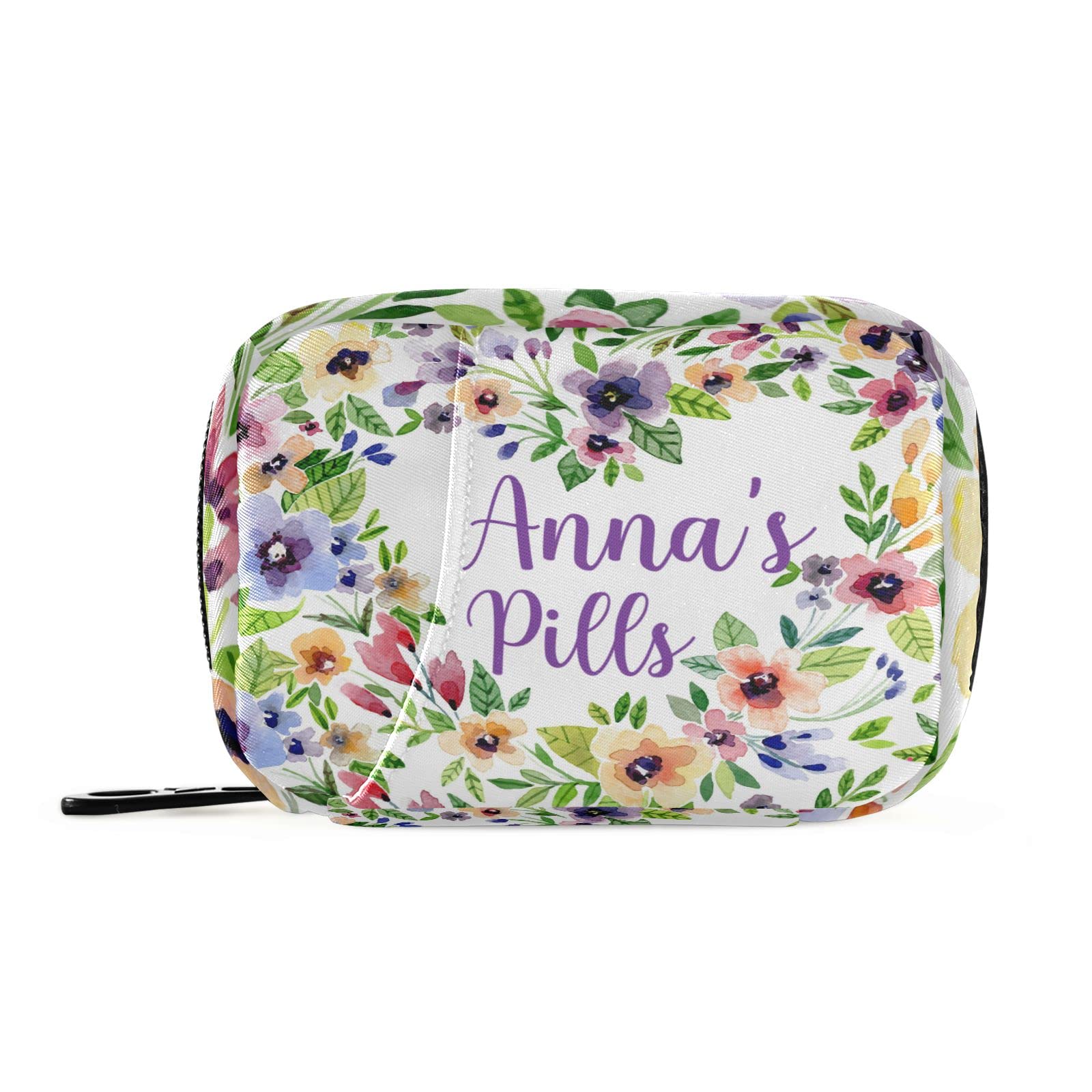 Custom Pill Box 7 Day Pill Case Bag Watercolor Spring Flowers Personalized Name Travel Pill Organizer Bag with Zipper Portable W