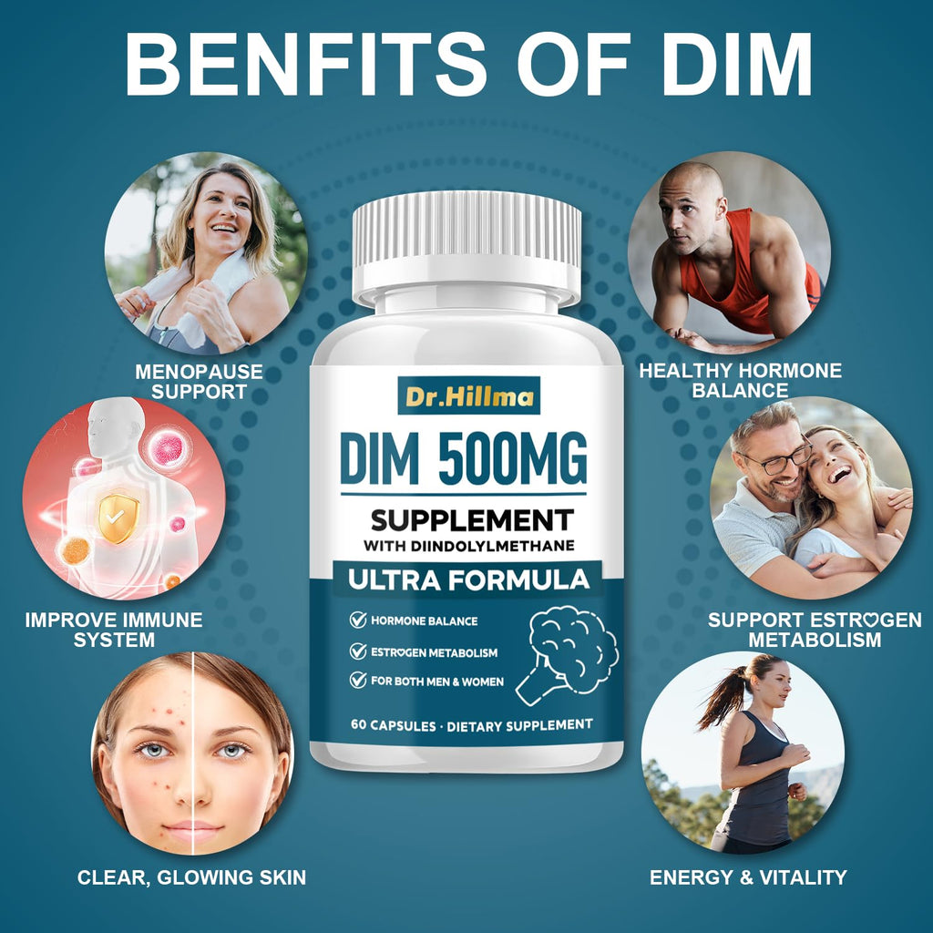 DIM 500MG Supplement Ultra Formula - Hormone Metabolism & Estrogen Balance Support for Women & Men - Diindolylmethane with Black