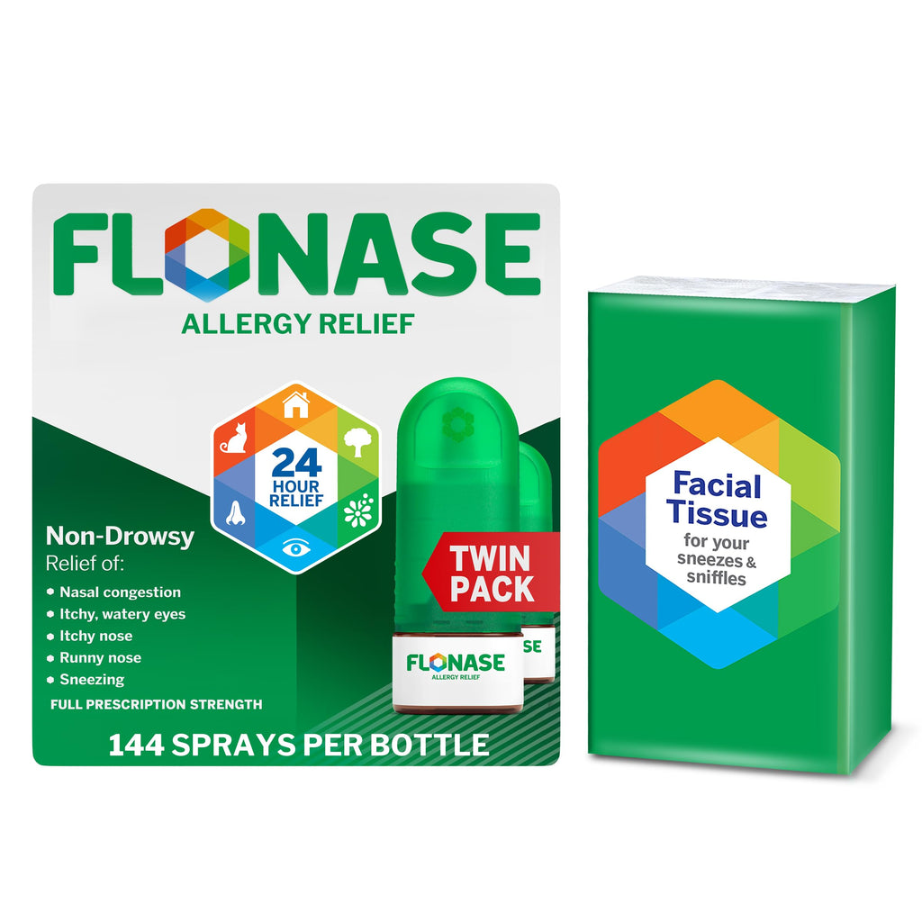 Flonase Allergy Relief Nasal Spray, 24-Hour Non-Drowsy Multi-Symptom Relief - 144 Sprays (Pack of 2) plus Bonus Pack of Tissues