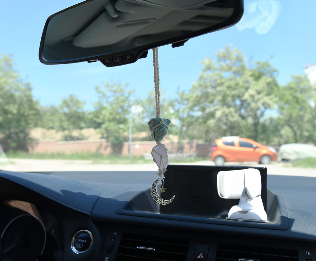 BOHO GARDEN Hanging Car Charm - Amazonite & Rose Quartz - Dangling Moon & Healing Crystal Accessories, Rearview Mirror Decoratio