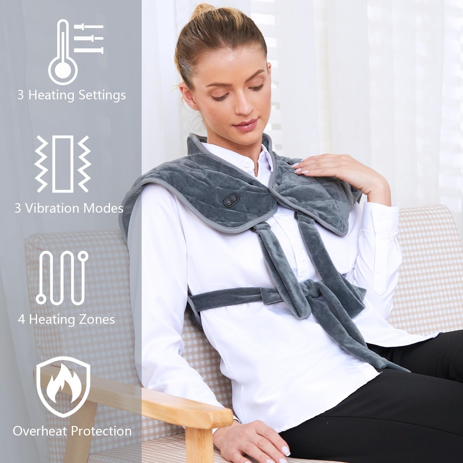 Vofuoti Heating Pad for Neck and Shoulders, Portable Cordless Heating Pad with Massager and Battery, Weighted Electric Heated Ne