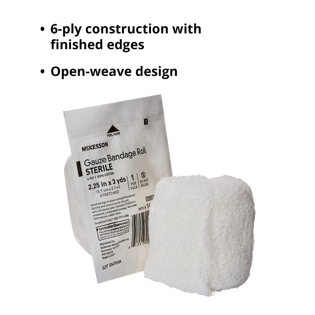 McKesson Gauze Bandage Rolls, Sterile, 6-Ply, 2 1/4 in x 3 yds, 96 Count