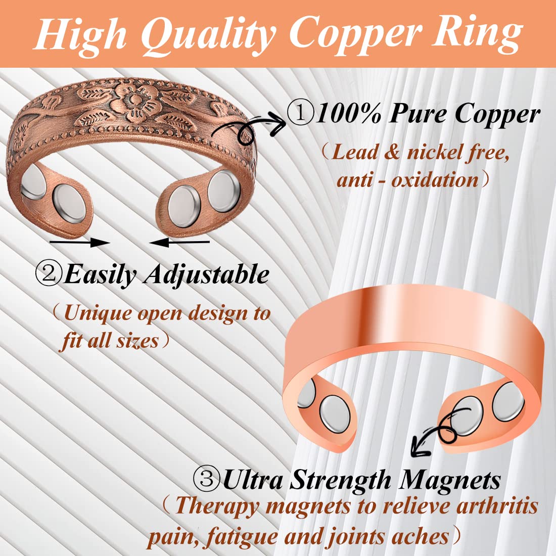Cigmag 4PCS Copper Rings for Women, 99.99% Pure Copper Magnetic Ring Strong Magnets, Adjustable Thumb Finger Ring with Jewelry G
