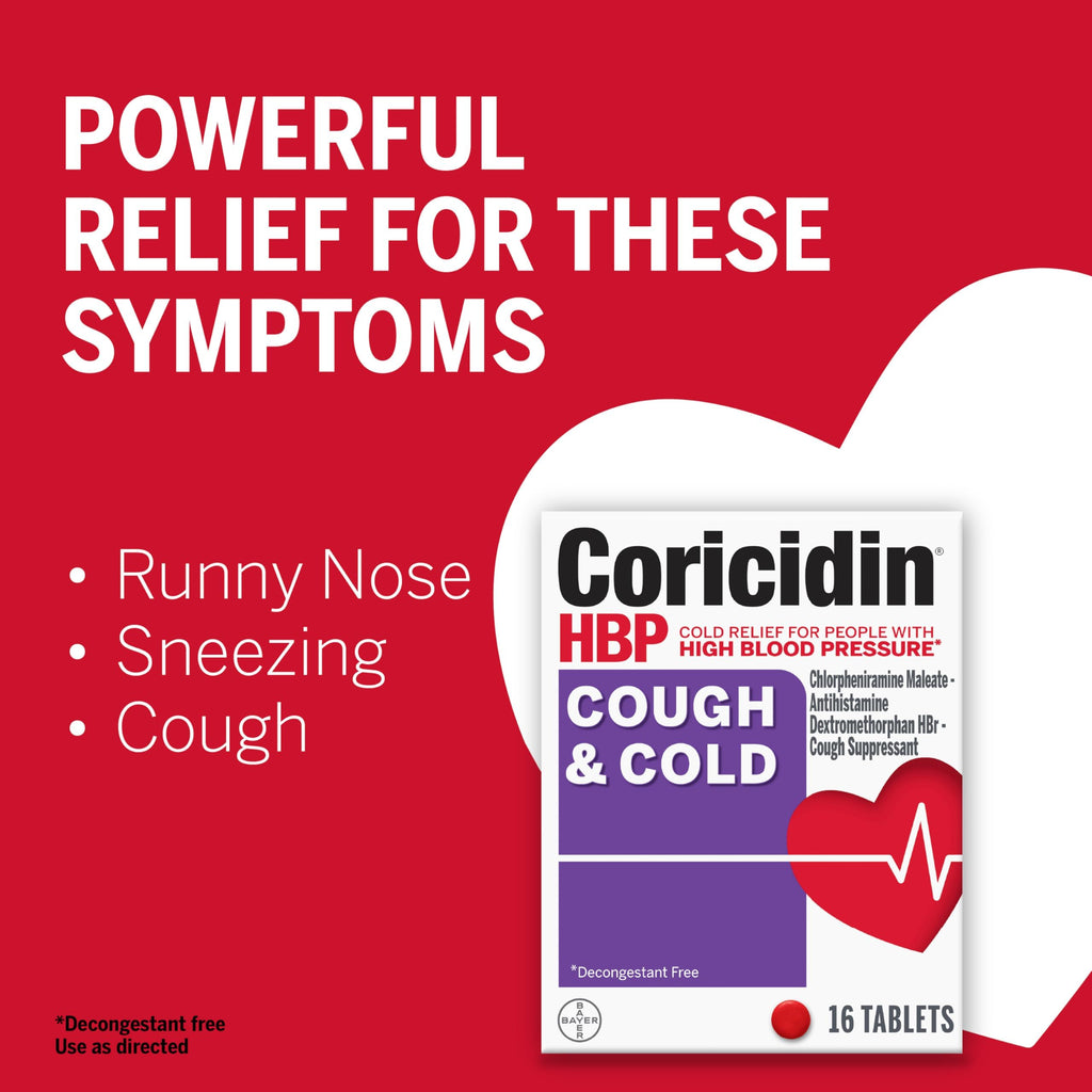 Coricidin HBP Decongestant-Free Cough and Cold Medicine - Specially Designed Relief for High Blood Pressure, Cough, Runny Nose,