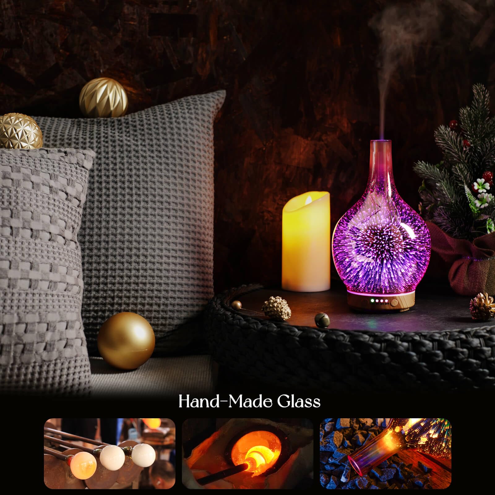 Porseme Rose Gold Essential Oil Diffuser 3D Glass Aromatherapy Ultrasonic Humidifier, Waterless Auto-Off, Timer Setting, BPA Fre