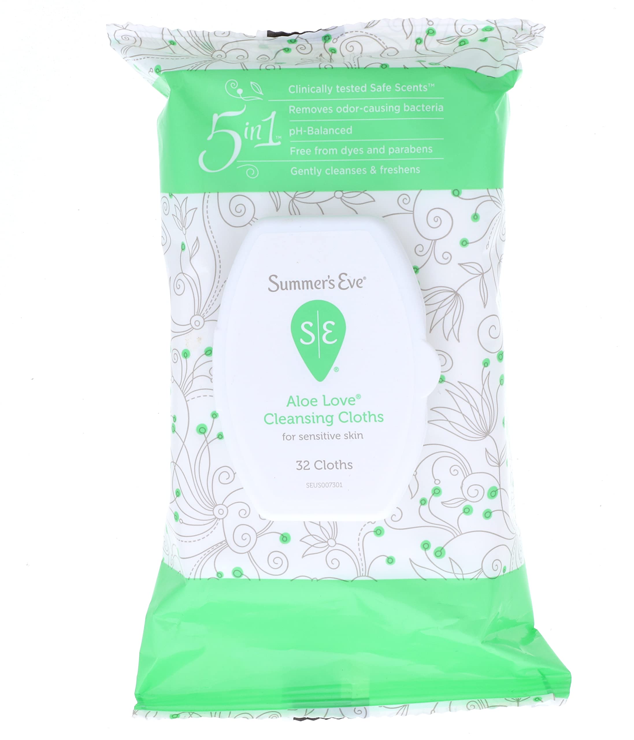 Summers Eve Aloe Love Gentle Daily Feminine Wipes, Removes Odor, pH balanced, 32 Count, (Pack of 2)