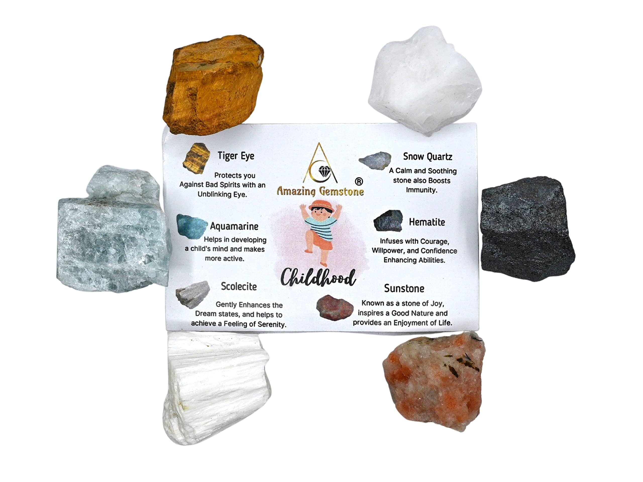 Crystals for Children, Set of 6 Tiger Eye, Aquamarine, Snow Quartz, Hematite, Scolecite and Sunstone Healing Crystals and Stones