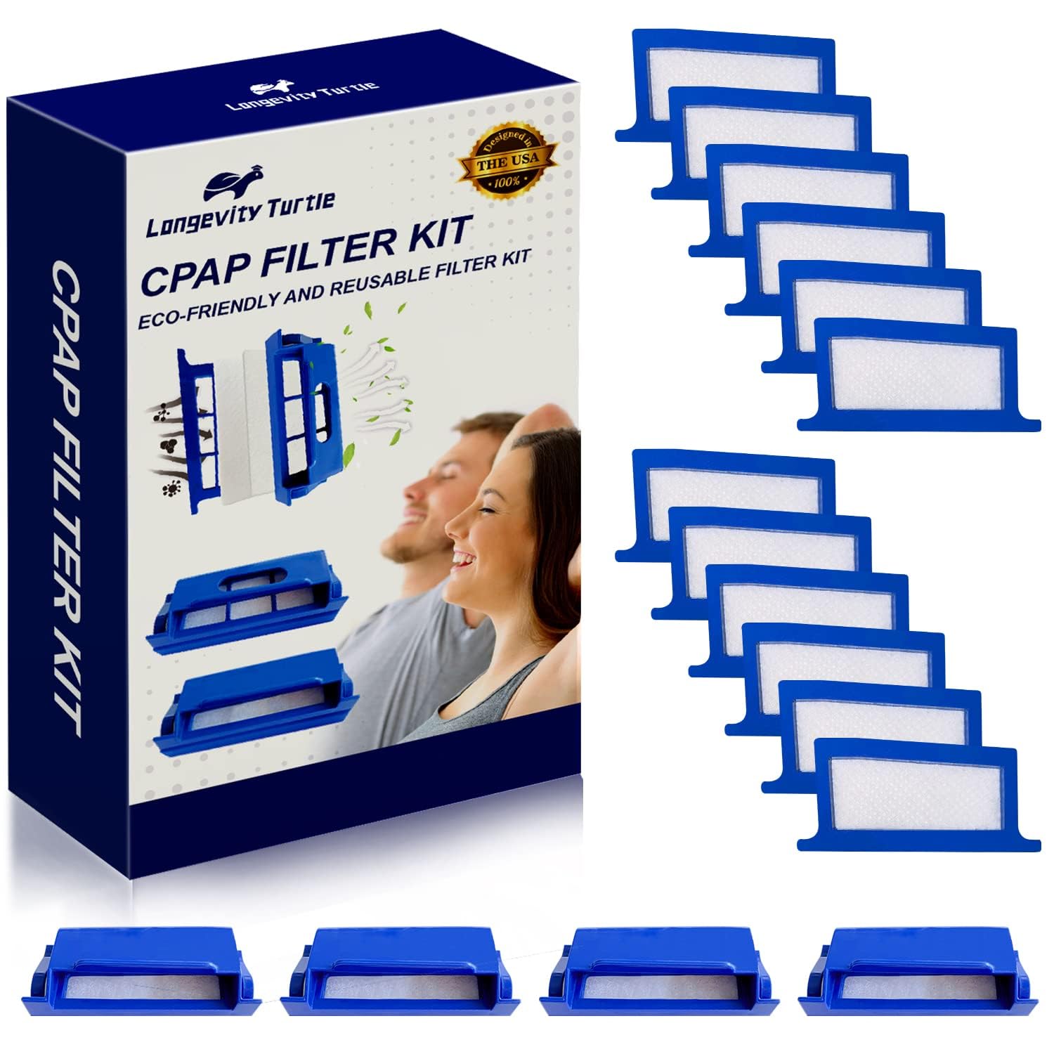 Longevity Turtle 16 Pcs CPAP Filters Compatible with DreamStation1, Replacement Filter Kit Includes 4 Pollen Filter and 12 Dispo