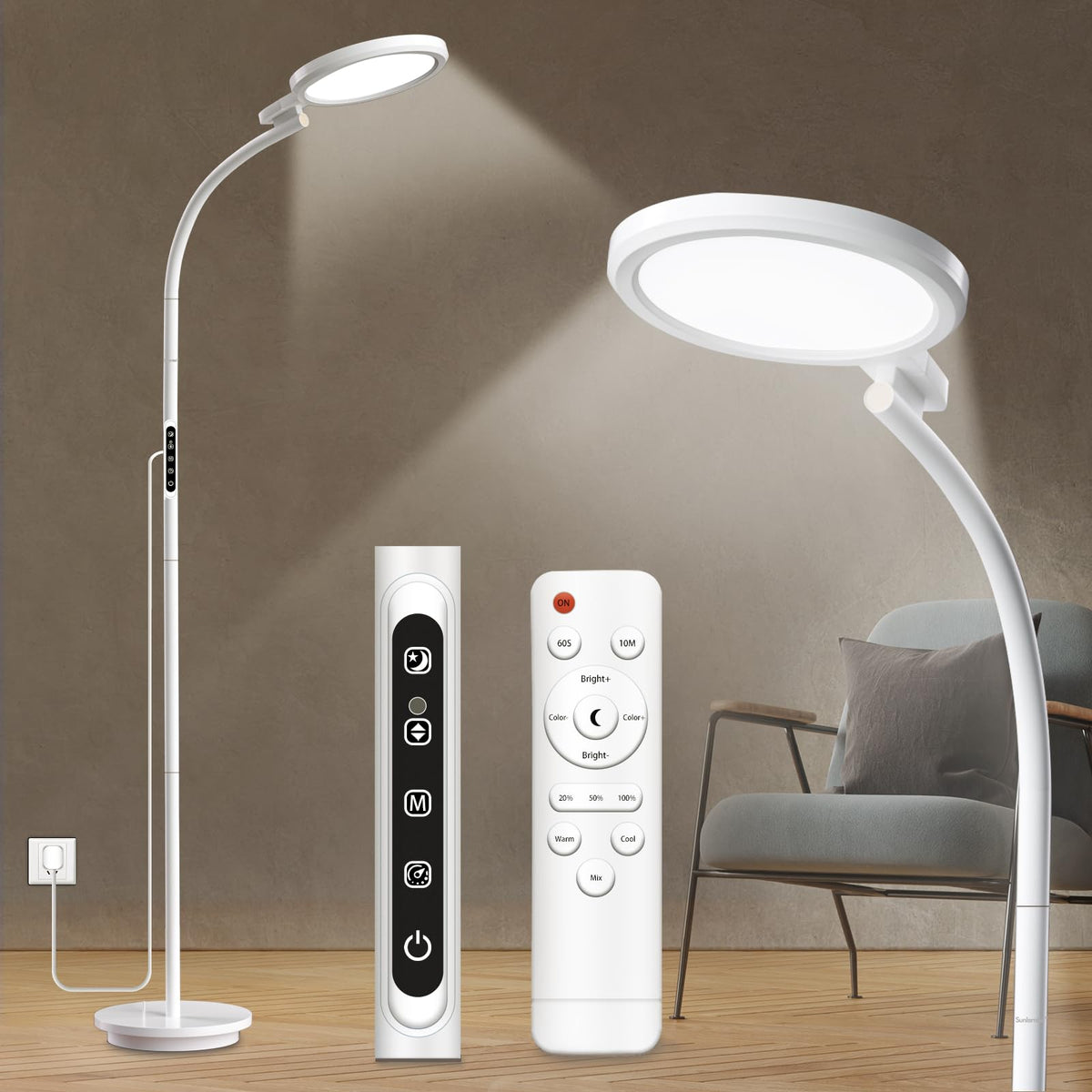 Light Therapy Lamp, 10000 Lux Floor Happy Therapy Light, UVFree Sun Lamp with 5 Brightness & 5 Color Temperatures, 3 Heights fo