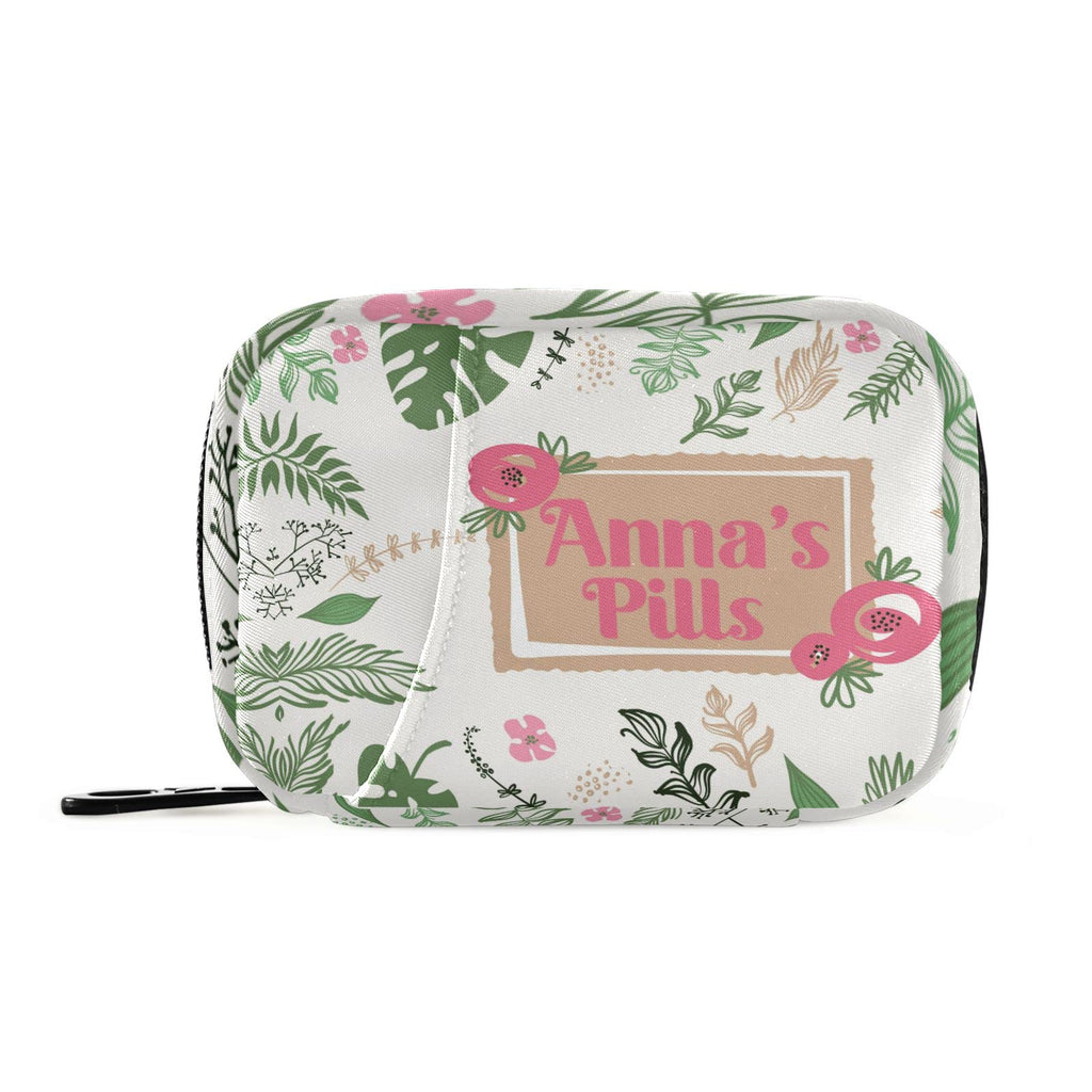 Custom Pill Box 7 Day Pill Case Bag Leaves Flowers Personalized Name Travel Pill Organizer Bag with Zipper Portable Weekly Case 