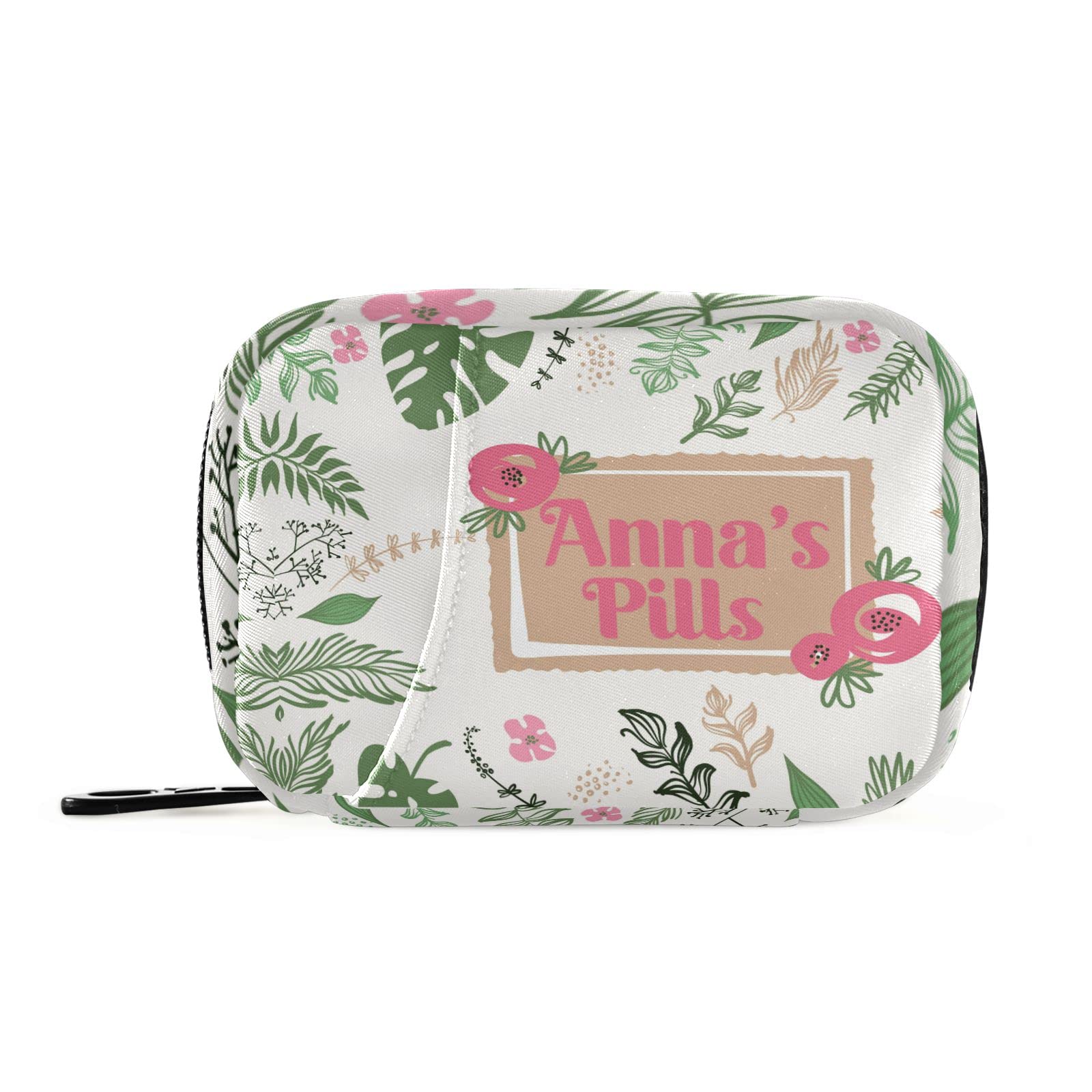 Custom Pill Box 7 Day Pill Case Bag Leaves Flowers Personalized Name Travel Pill Organizer Bag with Zipper Portable Weekly Case 