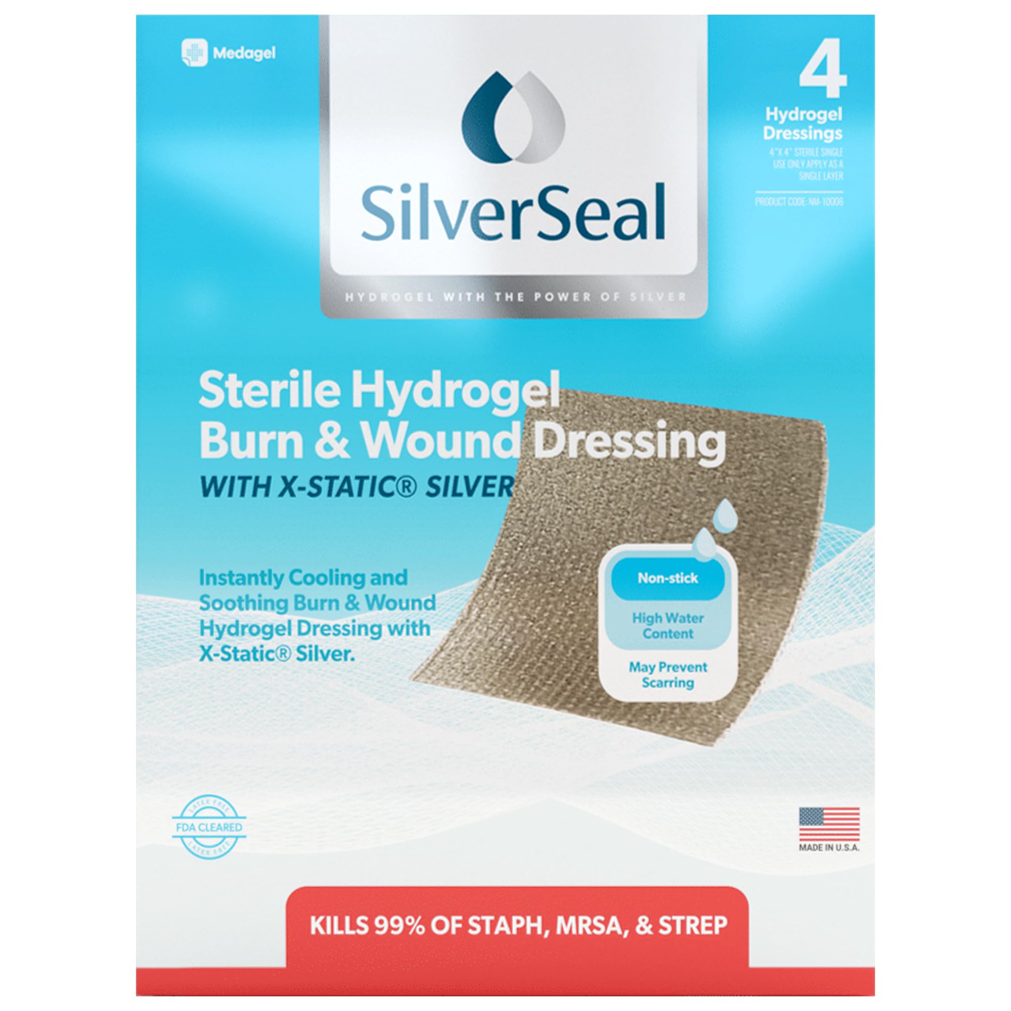 SilverSeal Burn and Wound Dressing | Hydrogel Pads with X-Static Silver | Soothing, Moist & Protective | Burns, Cuts & Wounds | 
