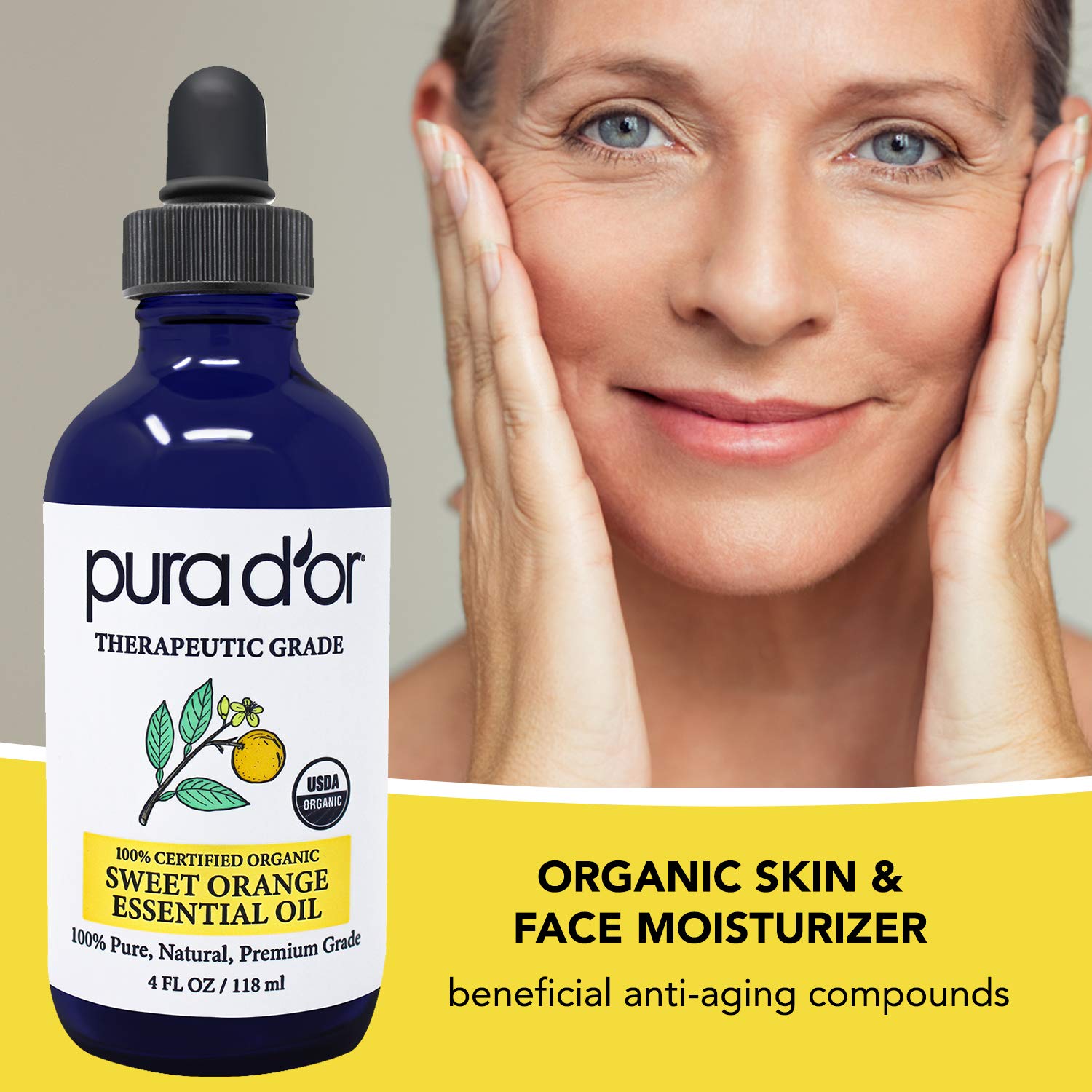 PURA DOR Organic Sweet Orange Essential Oil (4oz with Glass Dropper) 100% Pure & Natural Therapeutic Grade for Hair, Body, Skin