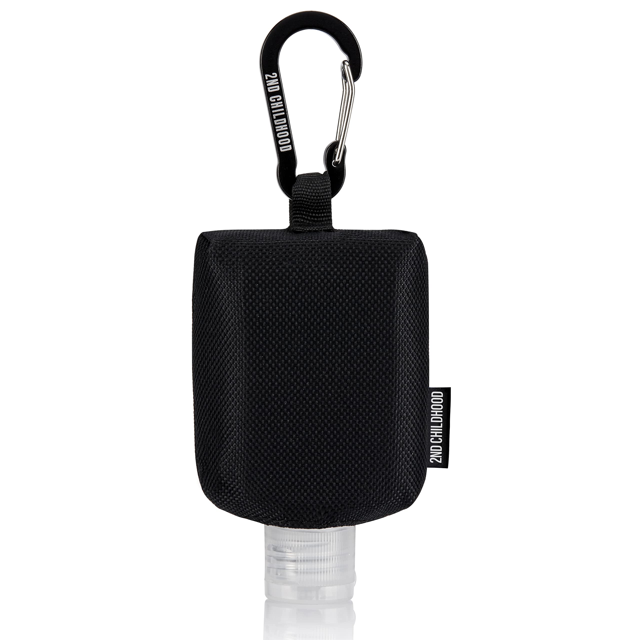 2nd Childhood Sanitizer Holder Bag; Travel Size Empty 2 oz Refillable Bottle; Carabiner Clips on to Backpack or Purse