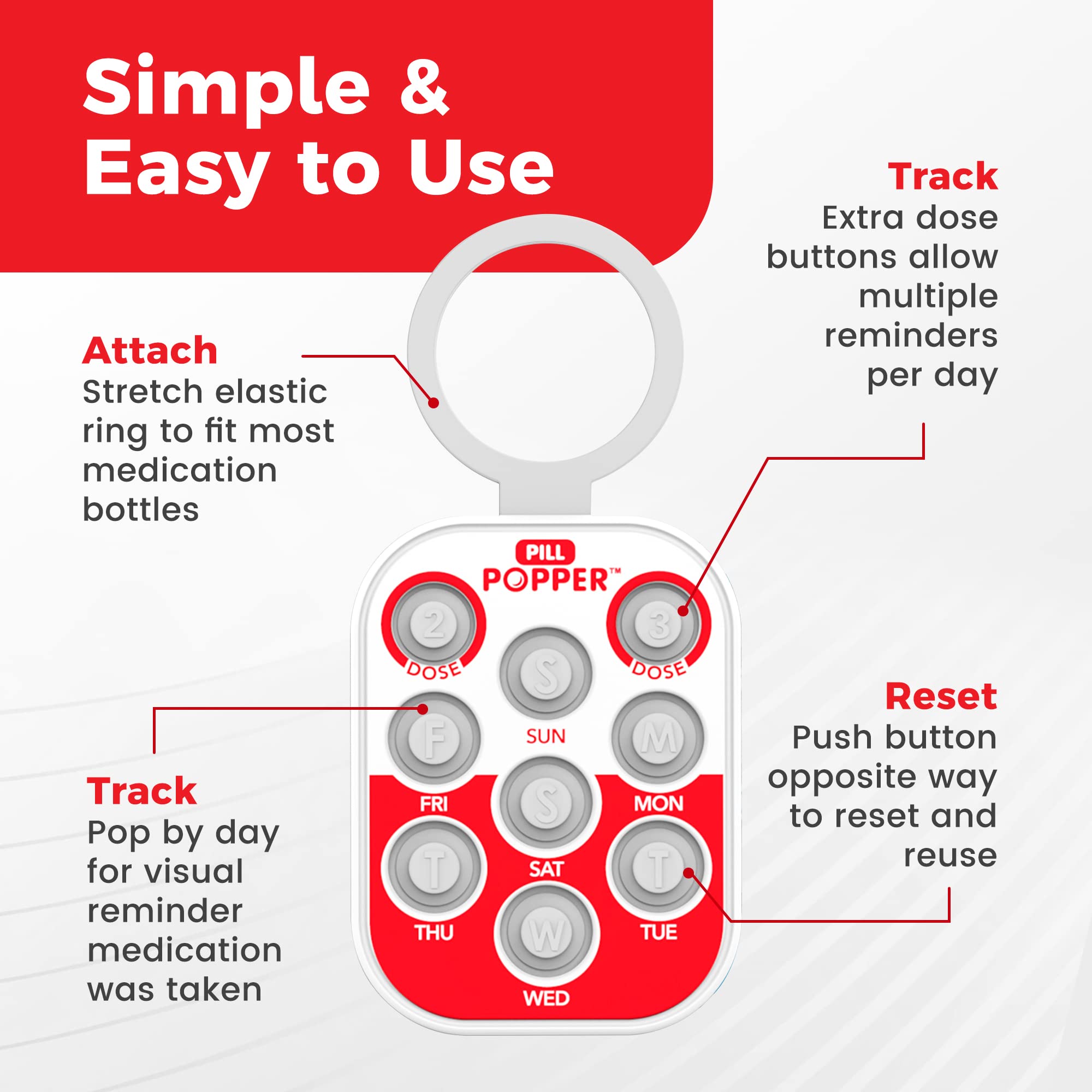 Pill Popper Medication Tracker, Daily Pill Reminder, Small and Portable Memory Aid with Buttons, Attaches to Pill Container, Tra