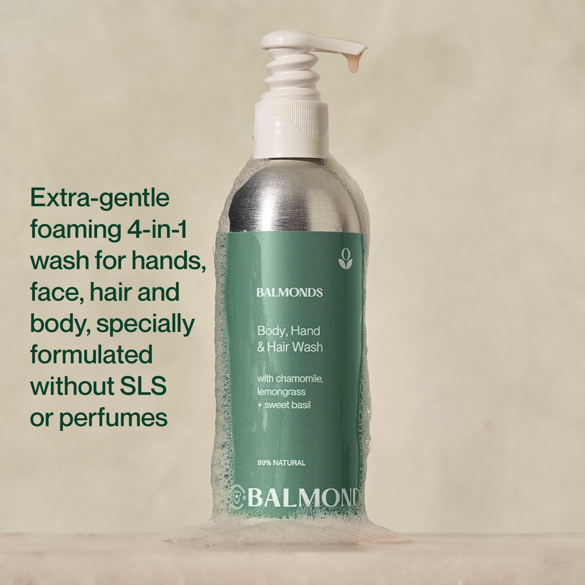 Balmonds Body, Hand & Hair Wash - 100% Natural Shampoo & Body Wash For Dry & Sensitive Skin, Soap Free, Vegan & Cruetly Free (7.