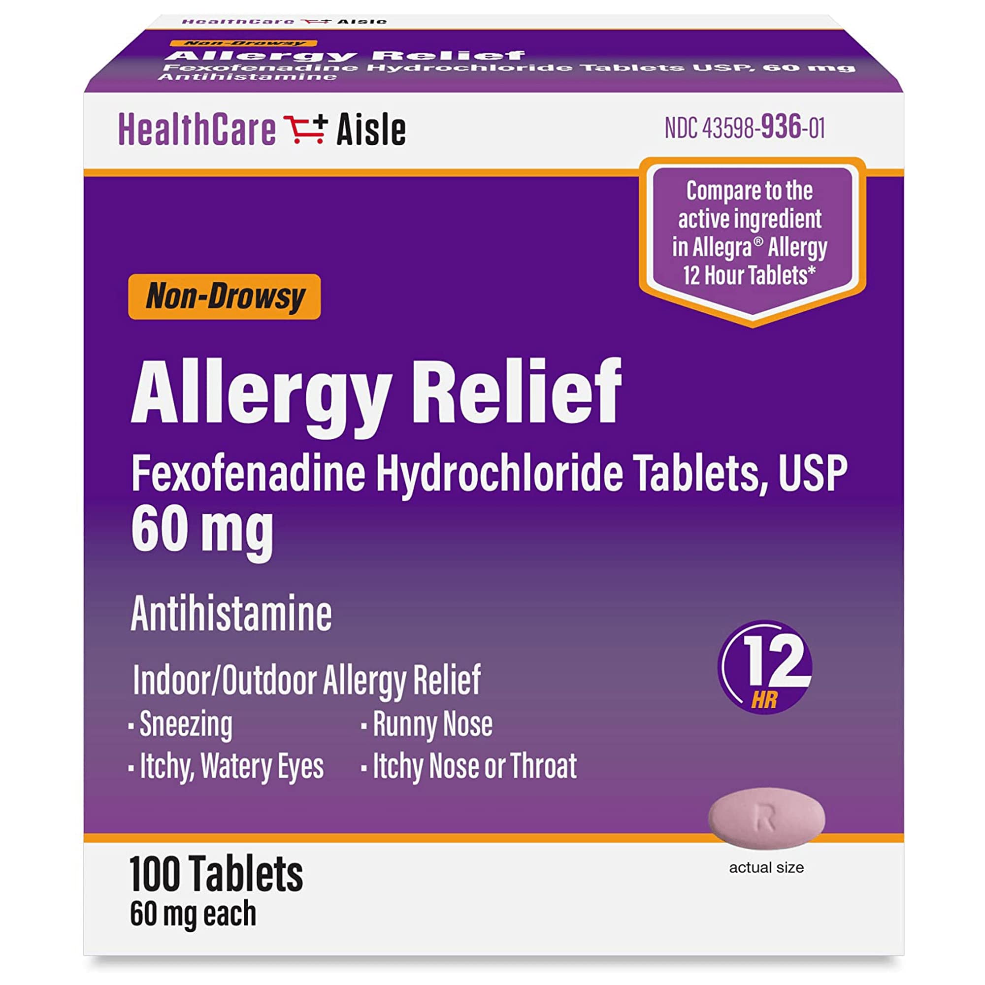 HealthCareAisle Allergy Relief - Fexofenadine Hydrochloride Tablets USP, 60 mg - 100 Tablets - Non-Drowsy Antihistamine, 12-Hour
