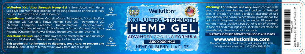 Wellution Hemp Gel - 2,500,000 MCG - (4 Oz) with Hemp Oil Extract, Arnica, Coconut Oil, and Menthol - Made in USA