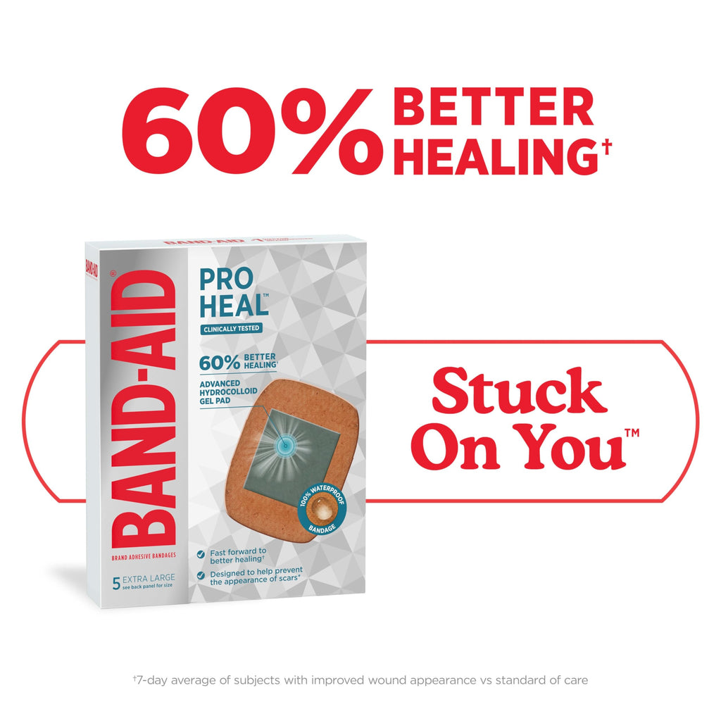 Band-Aid Brand Pro Heal Adhesive Bandages with Hydrocolloid Gel Pads, Extra Large Clinically Tested Waterproof Bandages for Bett