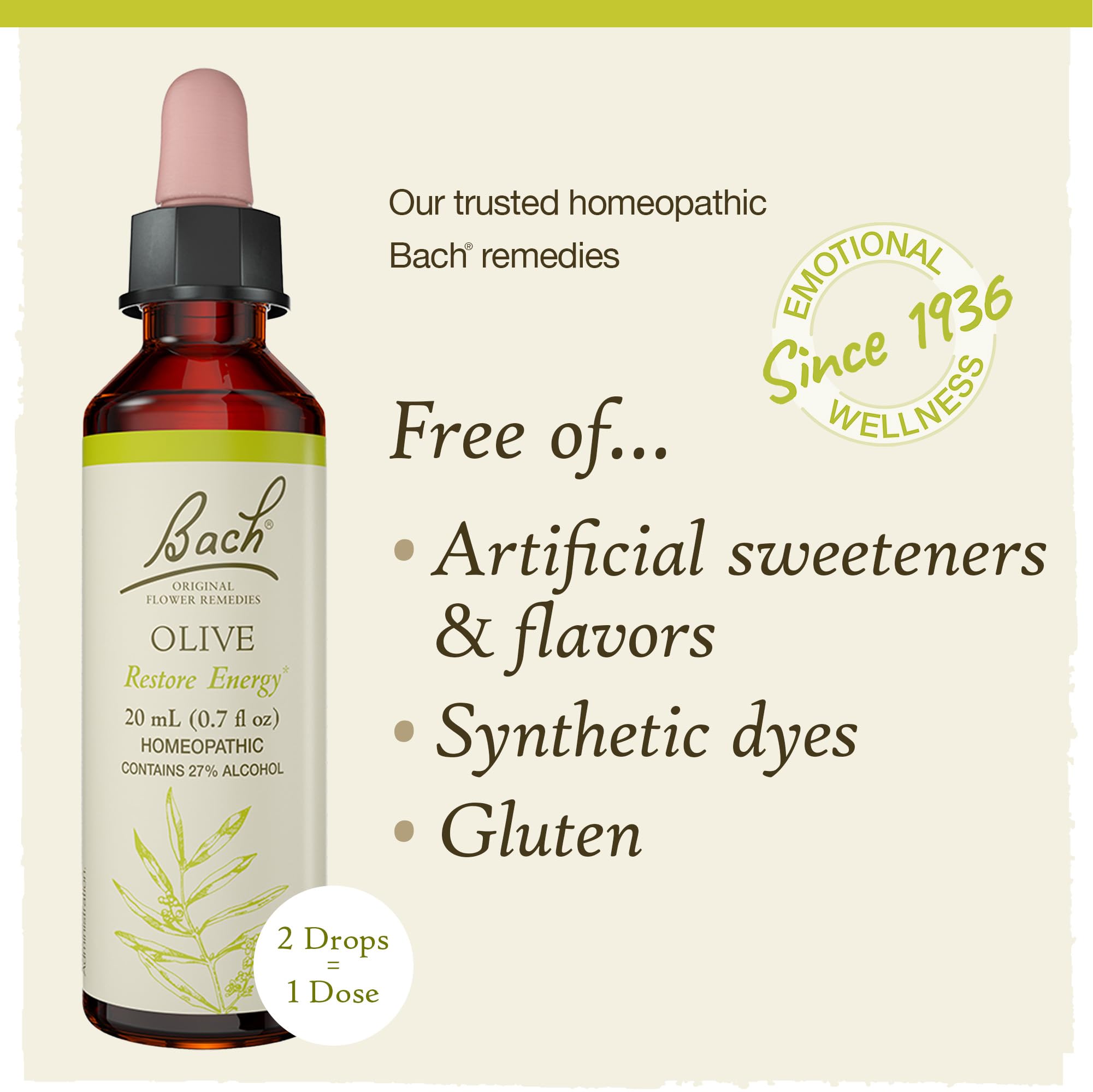 Bach Original Flower Remedies, Olive for Energy, Natural Homeopathic Flower Essence, Holistic Wellness and Stress Relief, Vegan,