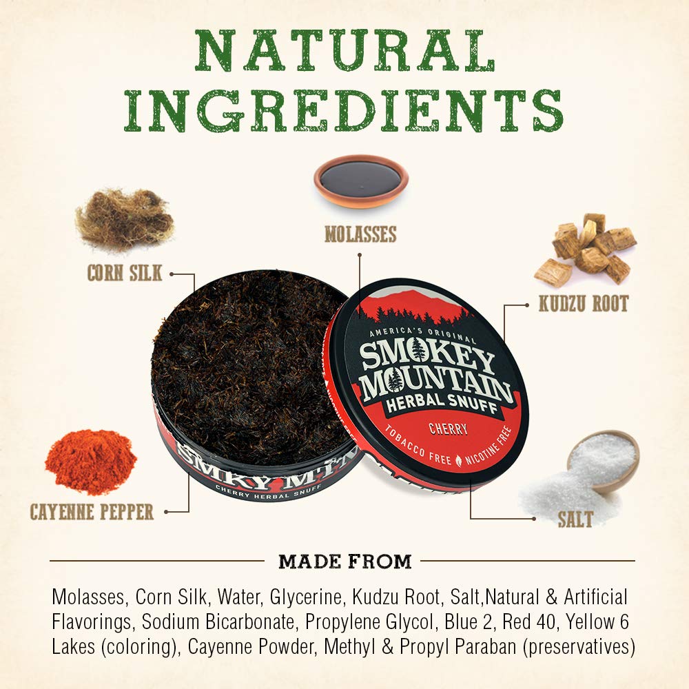 Smokey Mountain Herbal Long Cut - Cherry - 5 Can Box - Tobacco Free and Nicotine Free Snuff